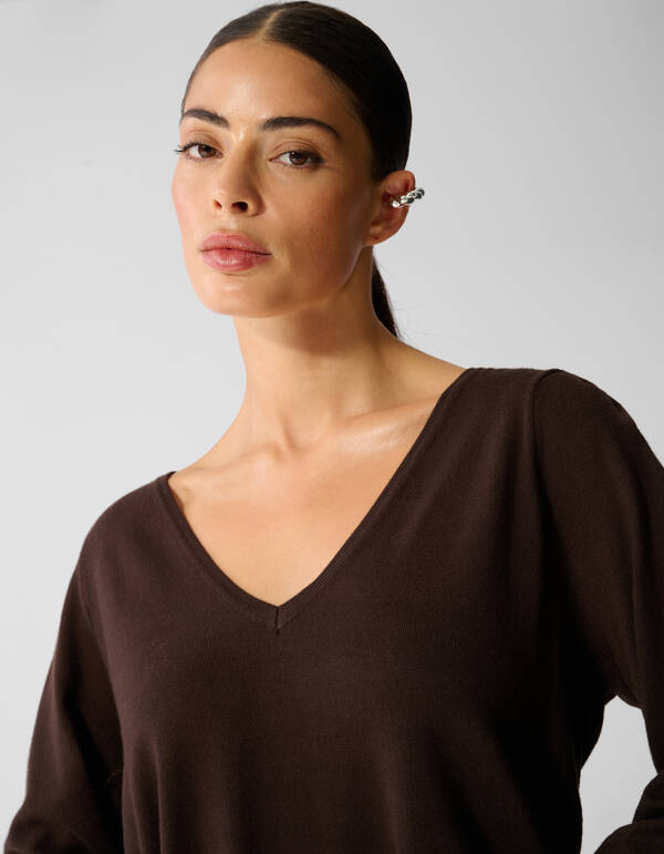 Gebreide V-neck Trui Donkerbruin SHOEBY WOMEN