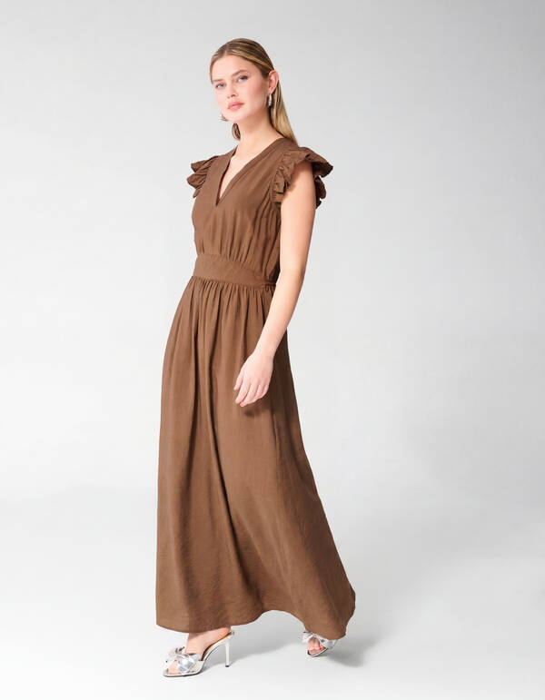 Ruffle V-hals Maxi Jurk Donkerbruin SHOEBY WOMEN