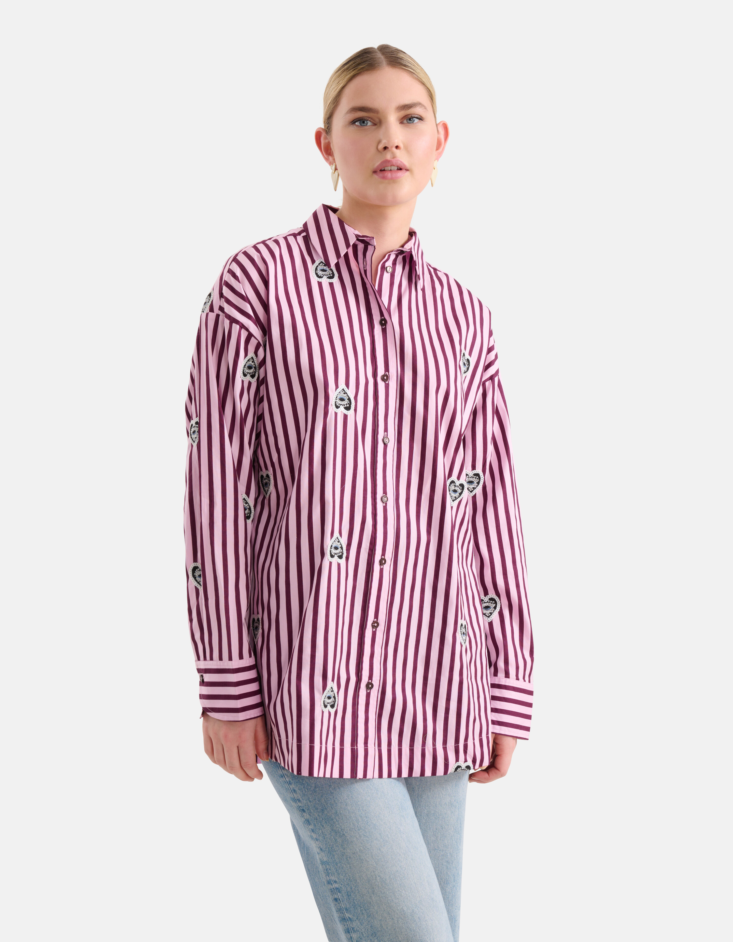 Embroidery Pinstripe Blouse Roze SHOEBY WOMEN