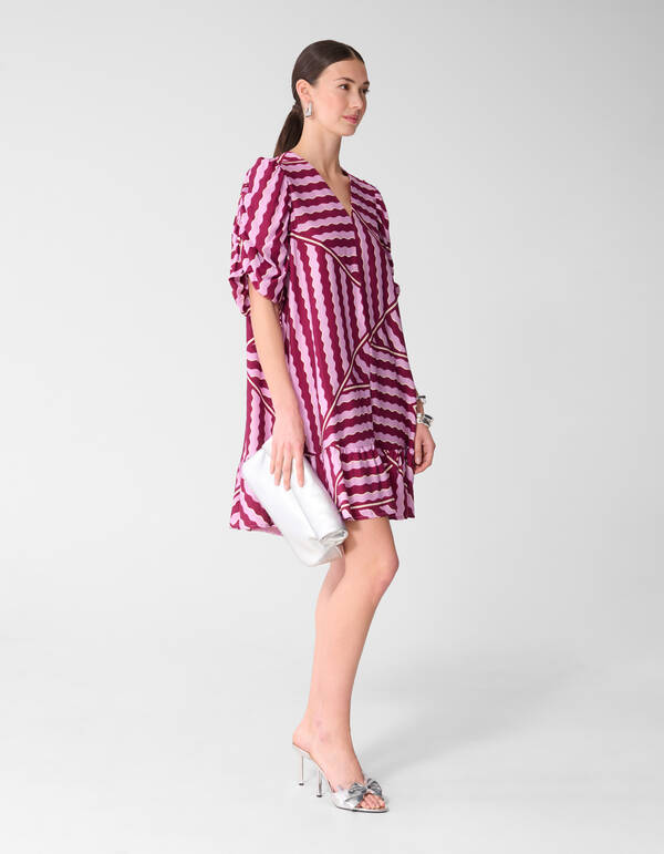 Wavy Printed Puffy Sleeve Mini Jurk Roze/Paars SHOEBY WOMEN