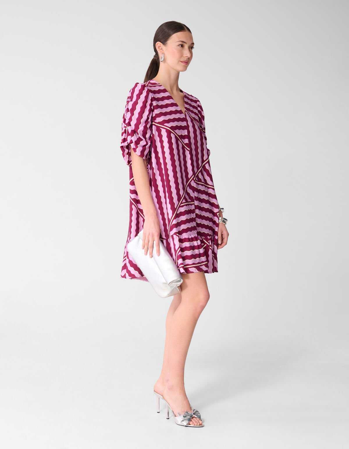 Wavy Printed Puffy Sleeve Mini Jurk Roze/Paars SHOEBY WOMEN