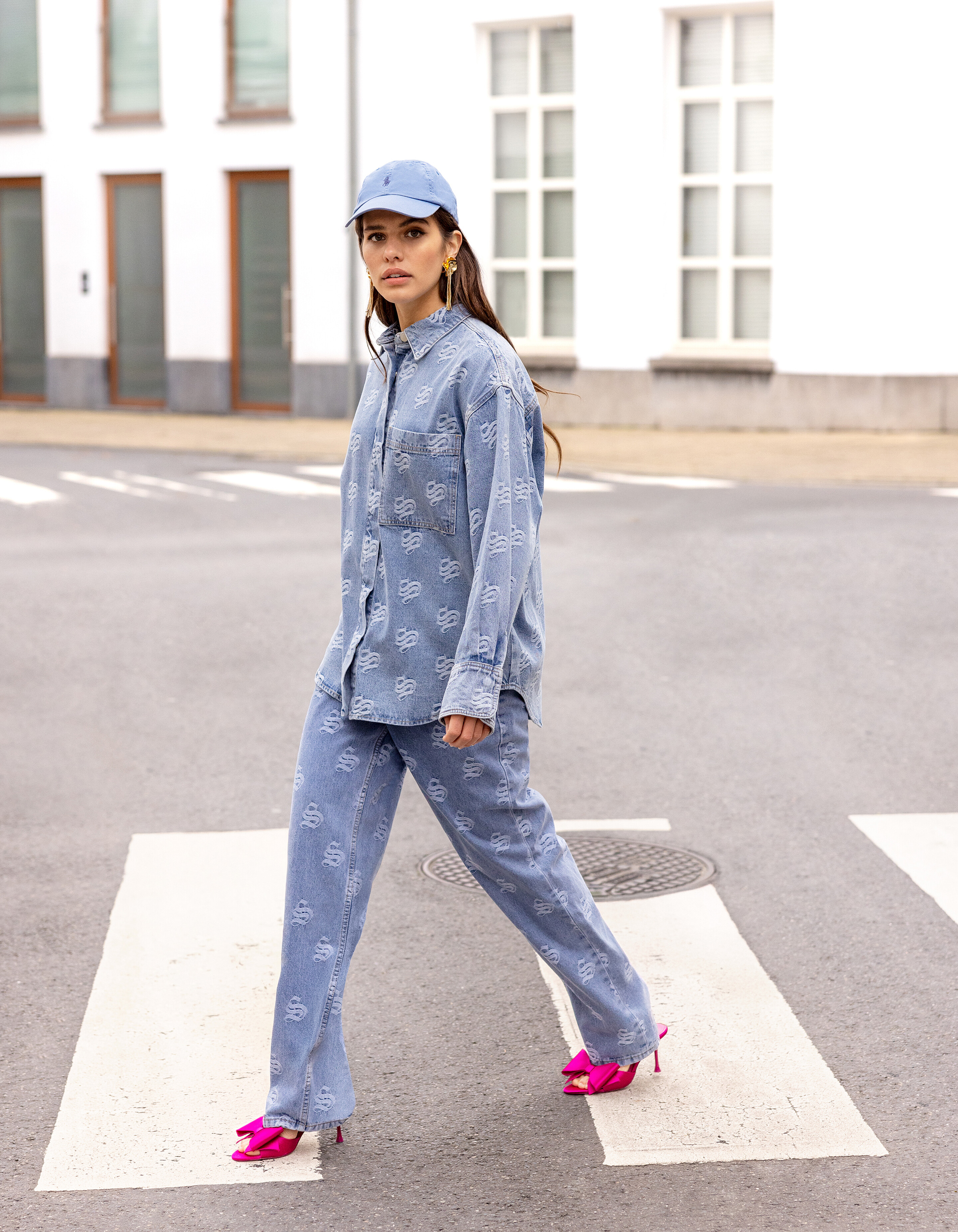 Jacquard Logo Denim Blouse Mediumstone SHOEBY WOMEN