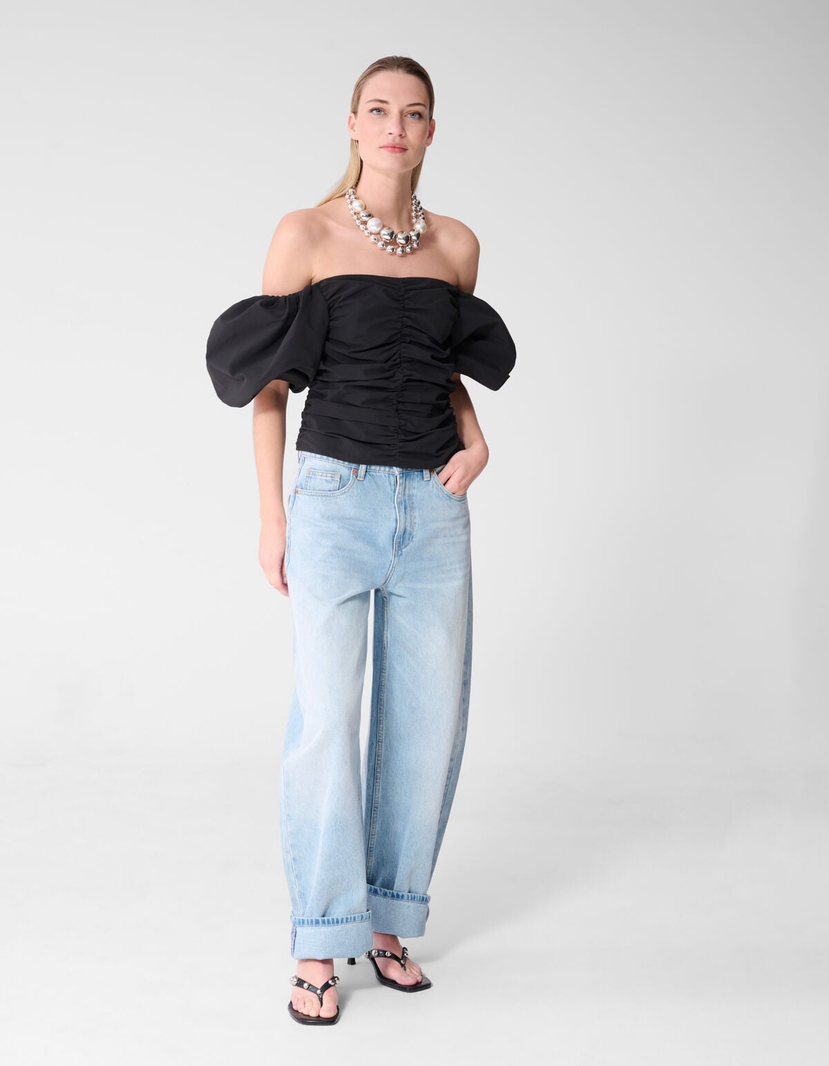 Geplooide Off Shoulder Top Zwart By Fred SHOEBY WOMEN