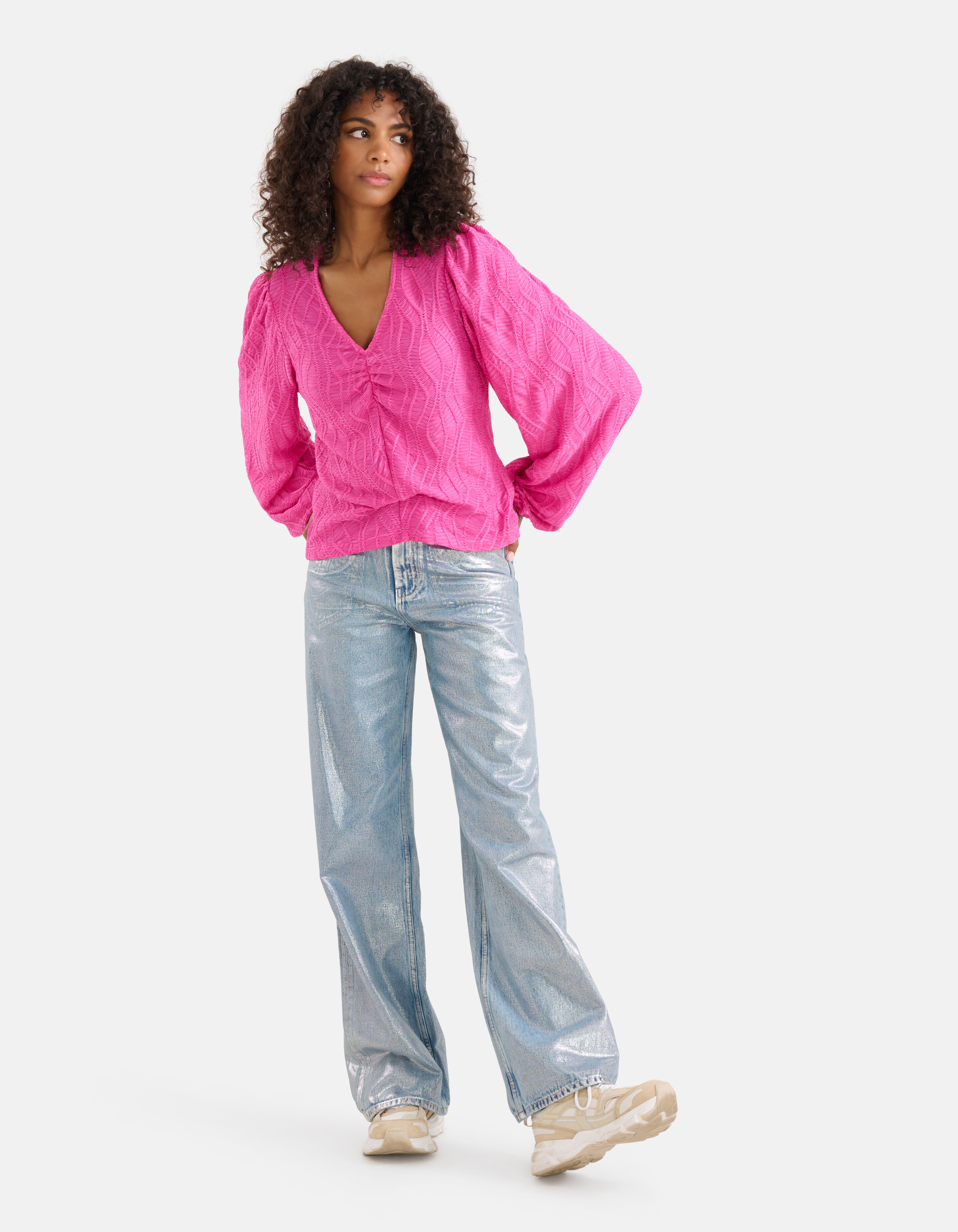 Structuur V-hals Top Roze SHOEBY WOMEN