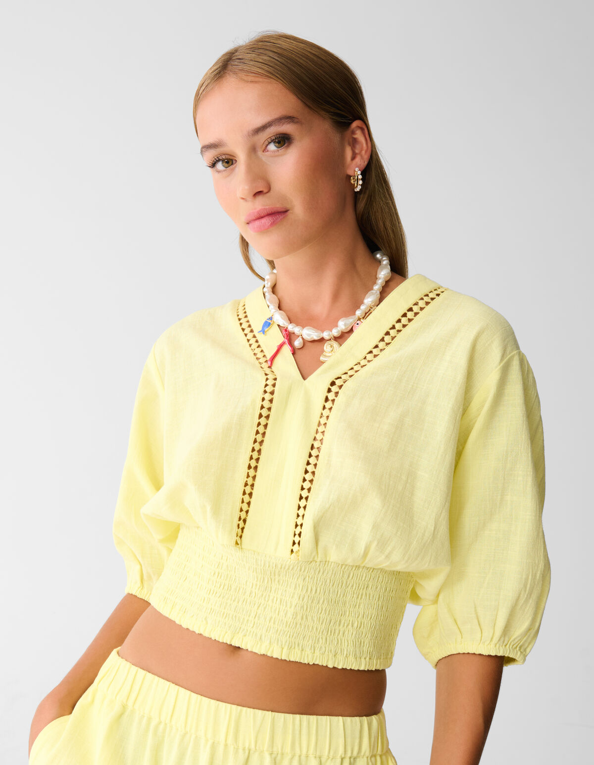 Embroidery Crop Top Lichtgeel SHOEBY WOMEN