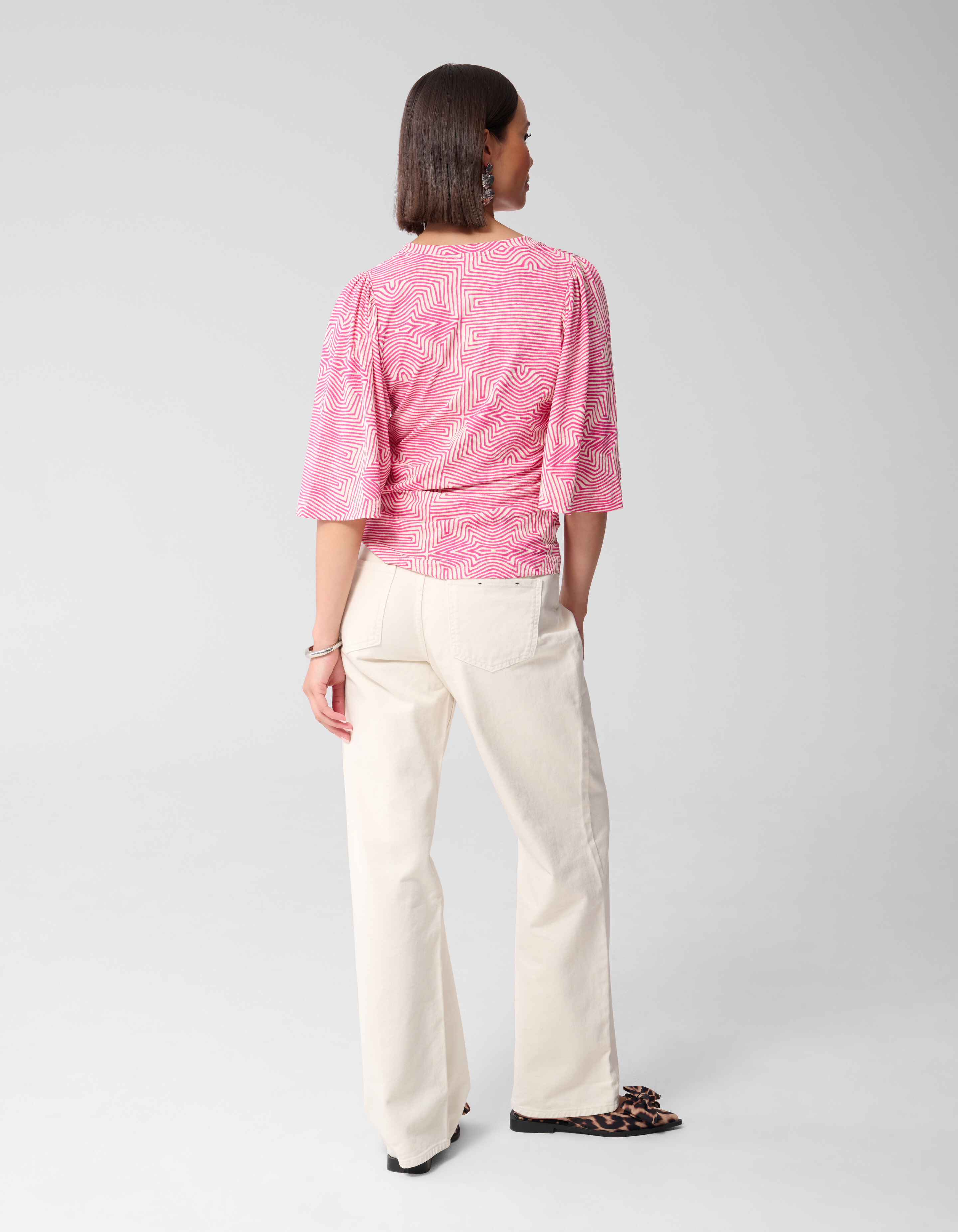 Printed Ruffle Rib Top Roze SHOEBY WOMEN