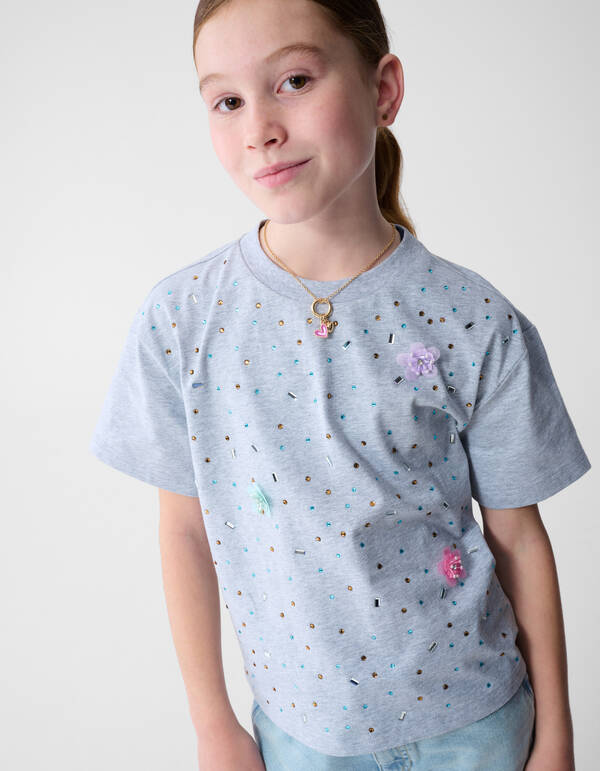 Flower Strass T-shirt Grijs SHOEBY GIRLS