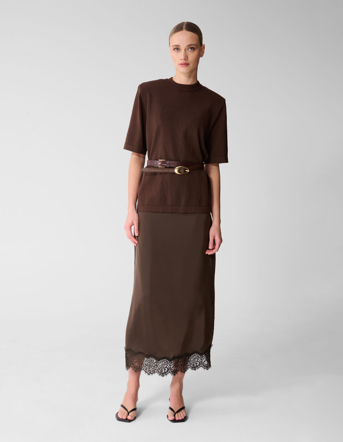 Kanten Satijnen Maxi Rok Bruin SHOEBY WOMEN