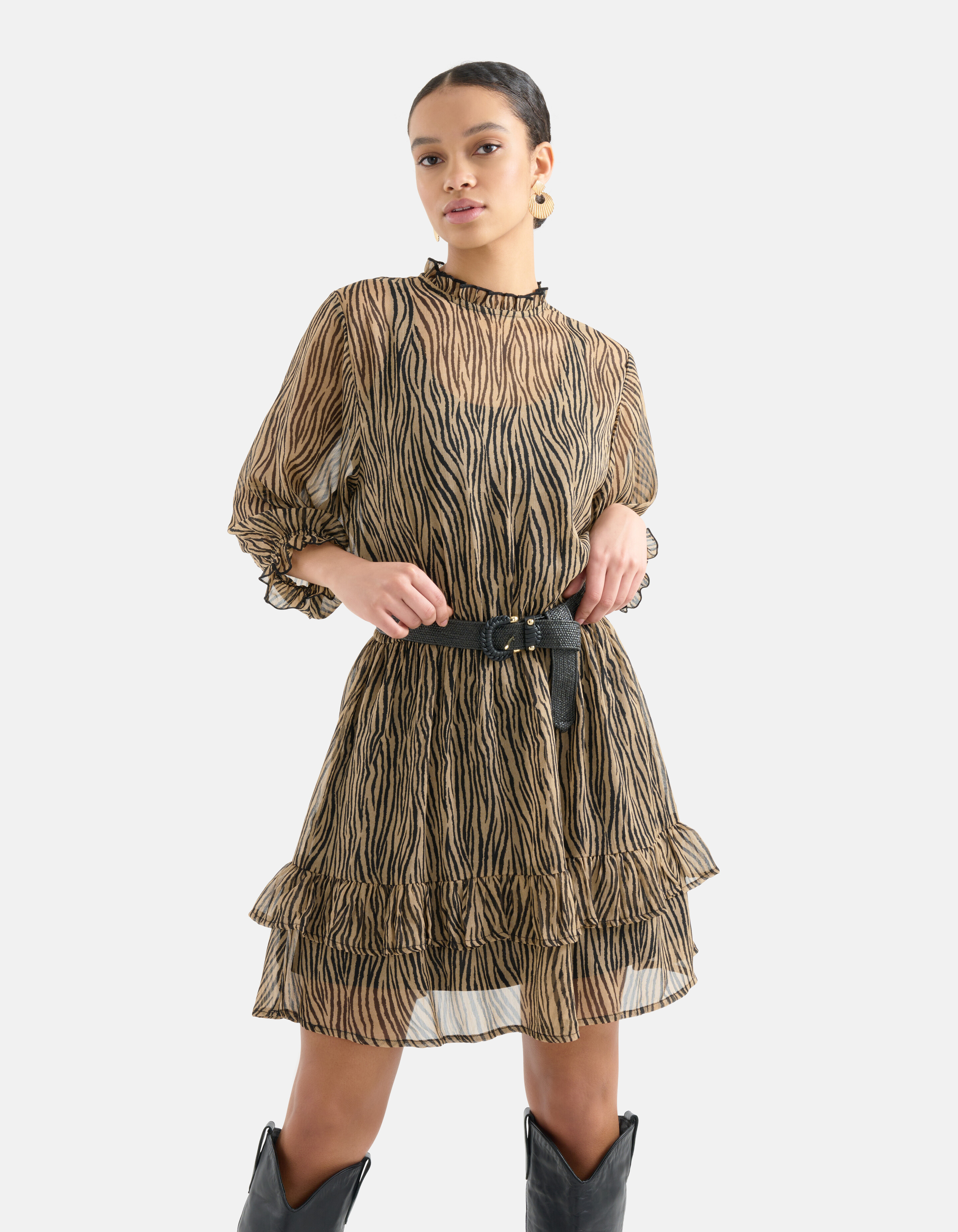 Printed Chiffon Jurk Zwart/Bruin SHOEBY WOMEN