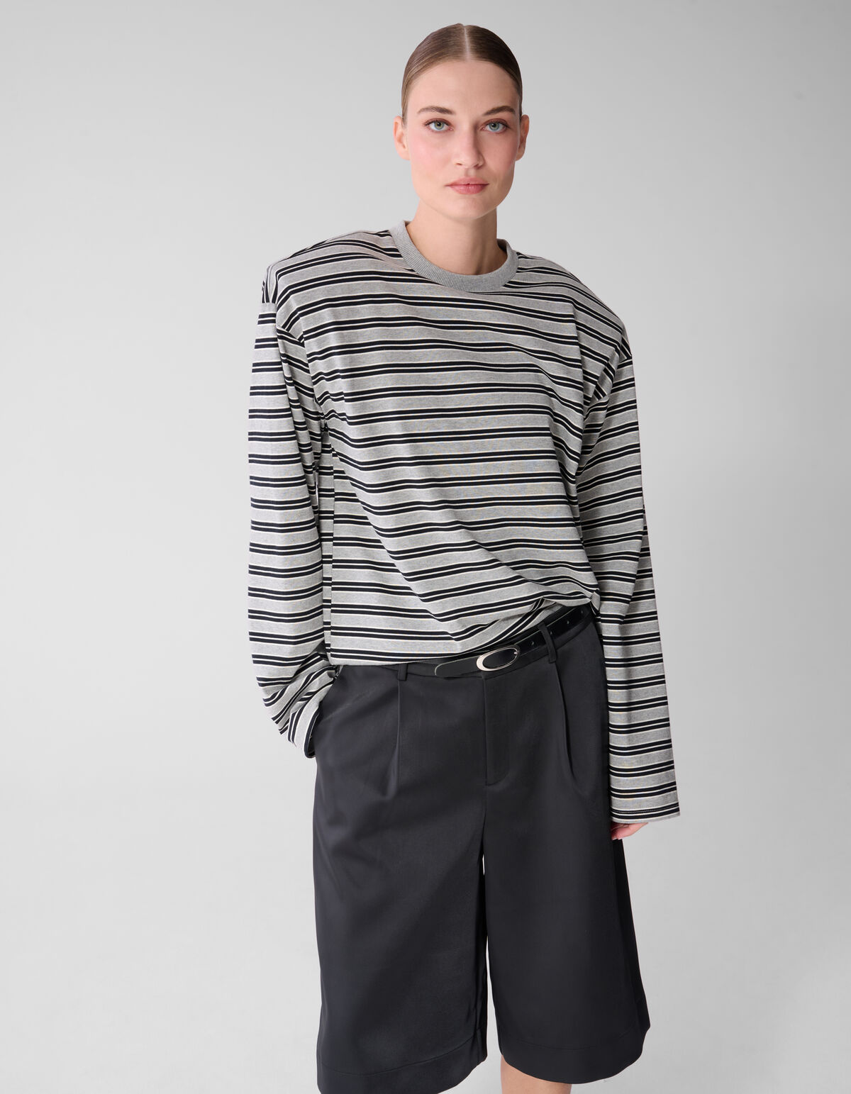 Shoulder Stripe Longsleeve T-shirt Grijs/Zwart SHOEBY WOMEN