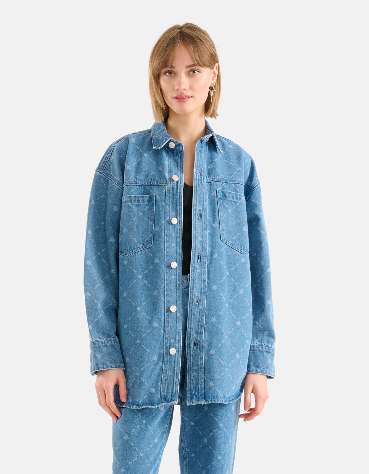 Printed Denim Blouse Blauw SHOEBY WOMEN