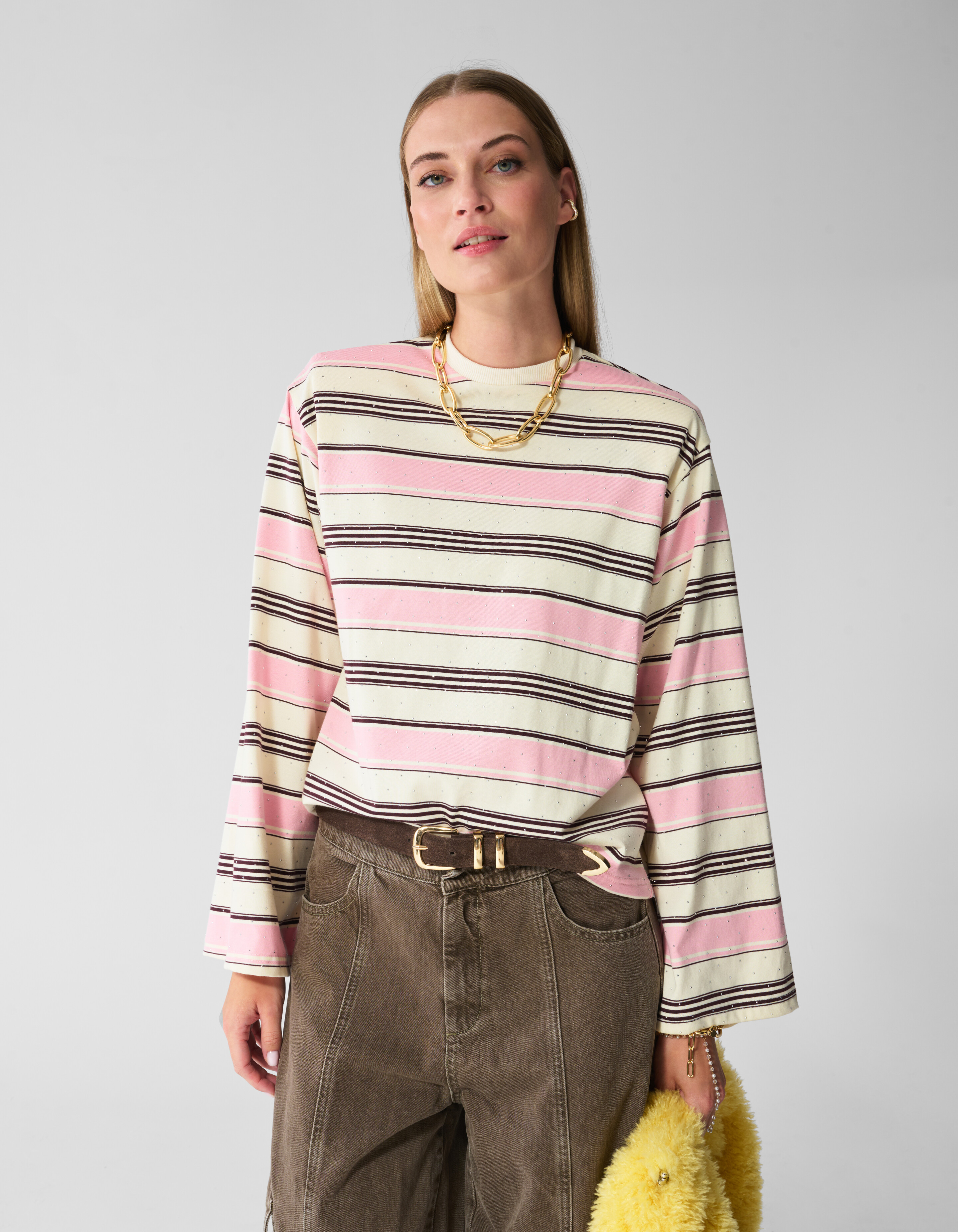 Gestreept Strass Longsleeve T-shirt Roze SHOEBY WOMEN
