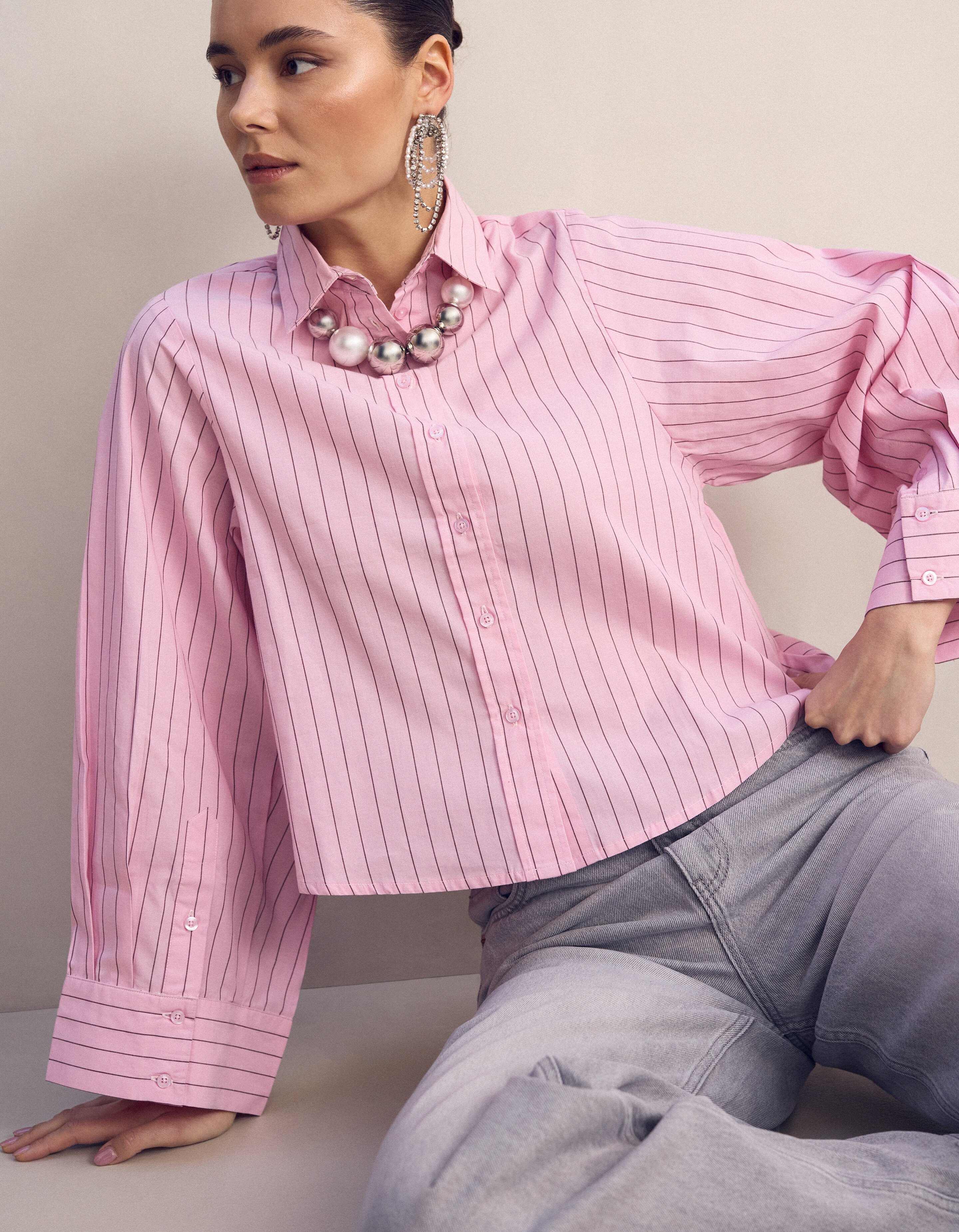 Poplin Pinstripe Artwork Blouse Roze SHOEBY WOMEN