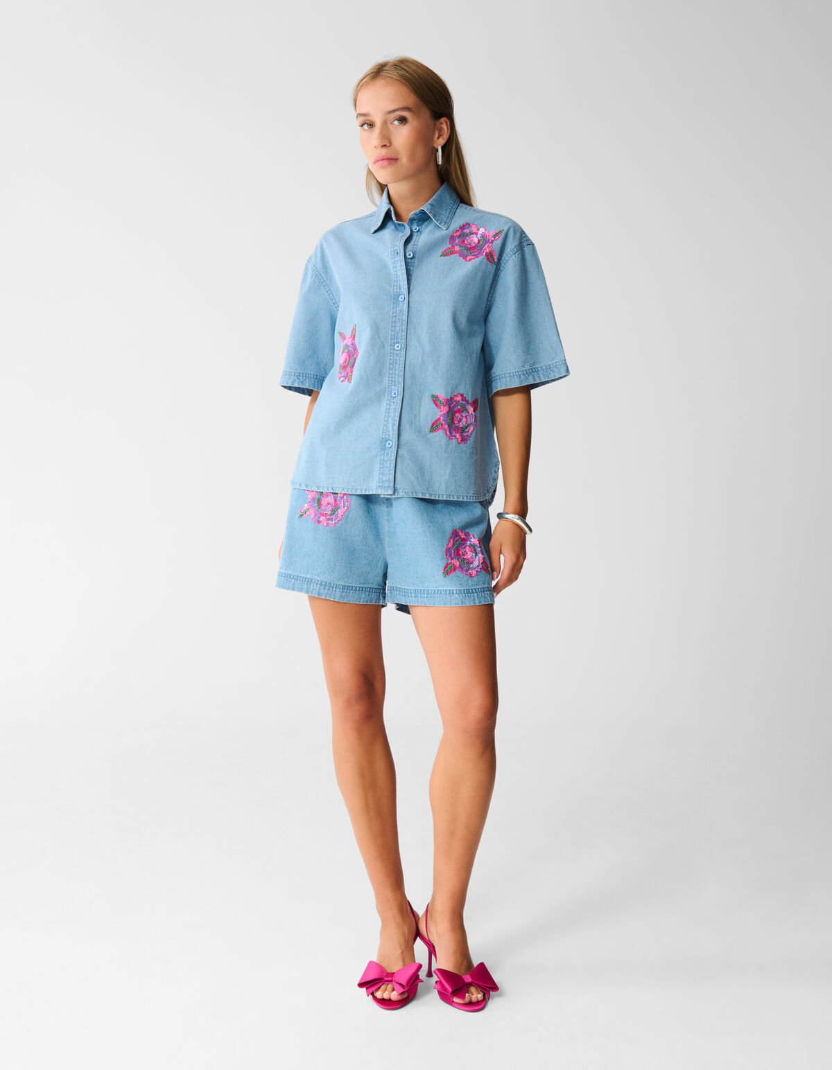 Oversized Denim Sequin Blouse Blauw SHOEBY WOMEN