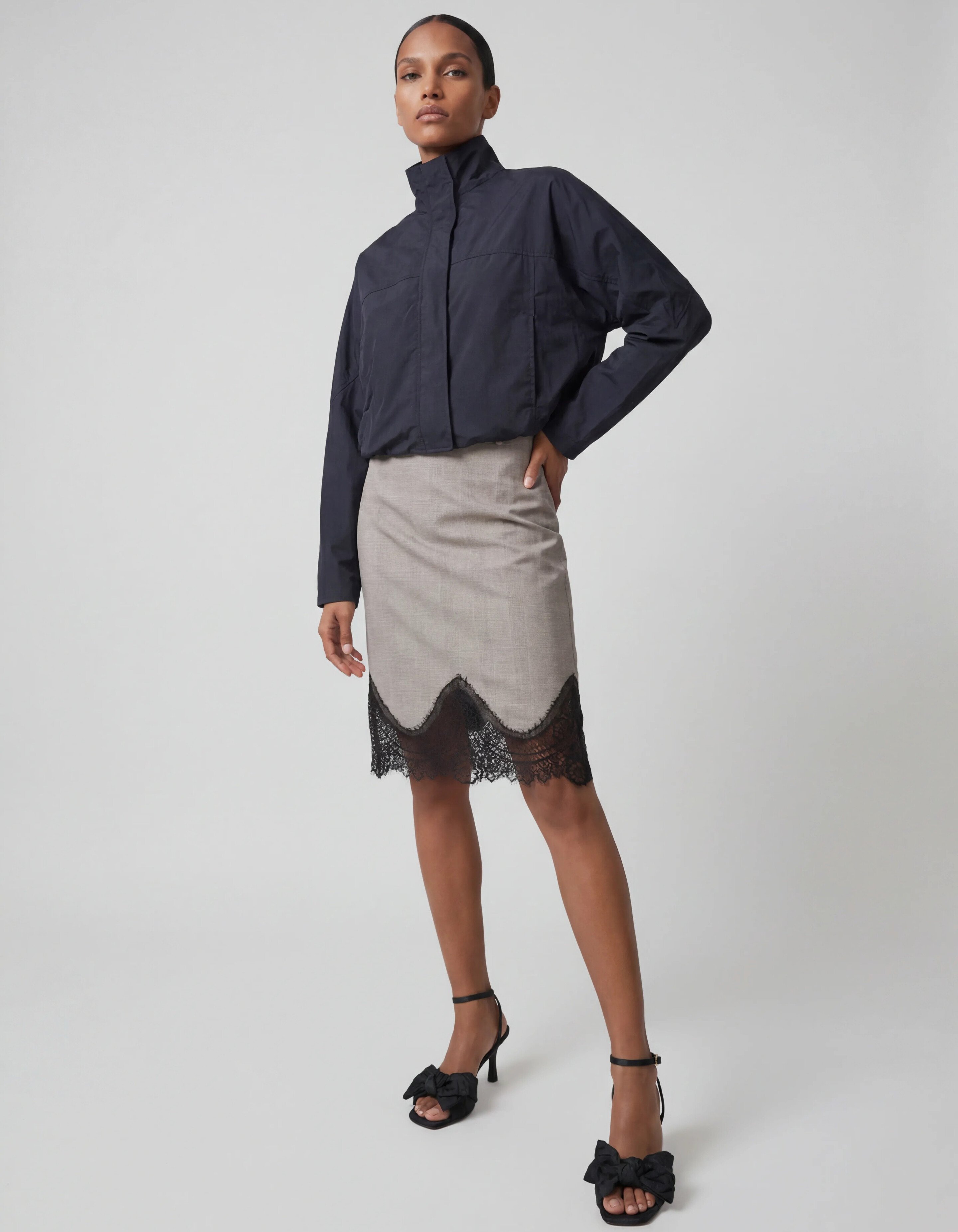 Kanten Ruiten Midi Rok Lichtgrijs SHOEBY WOMEN