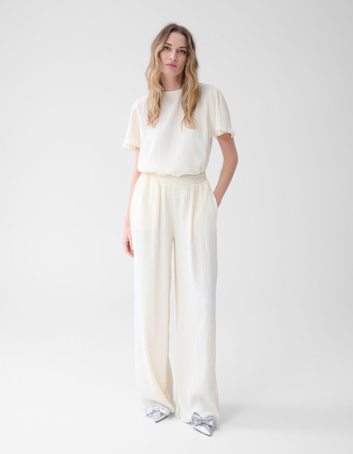 Crinkle Wide Leg Broek Gebroken Wit SHOEBY WOMEN