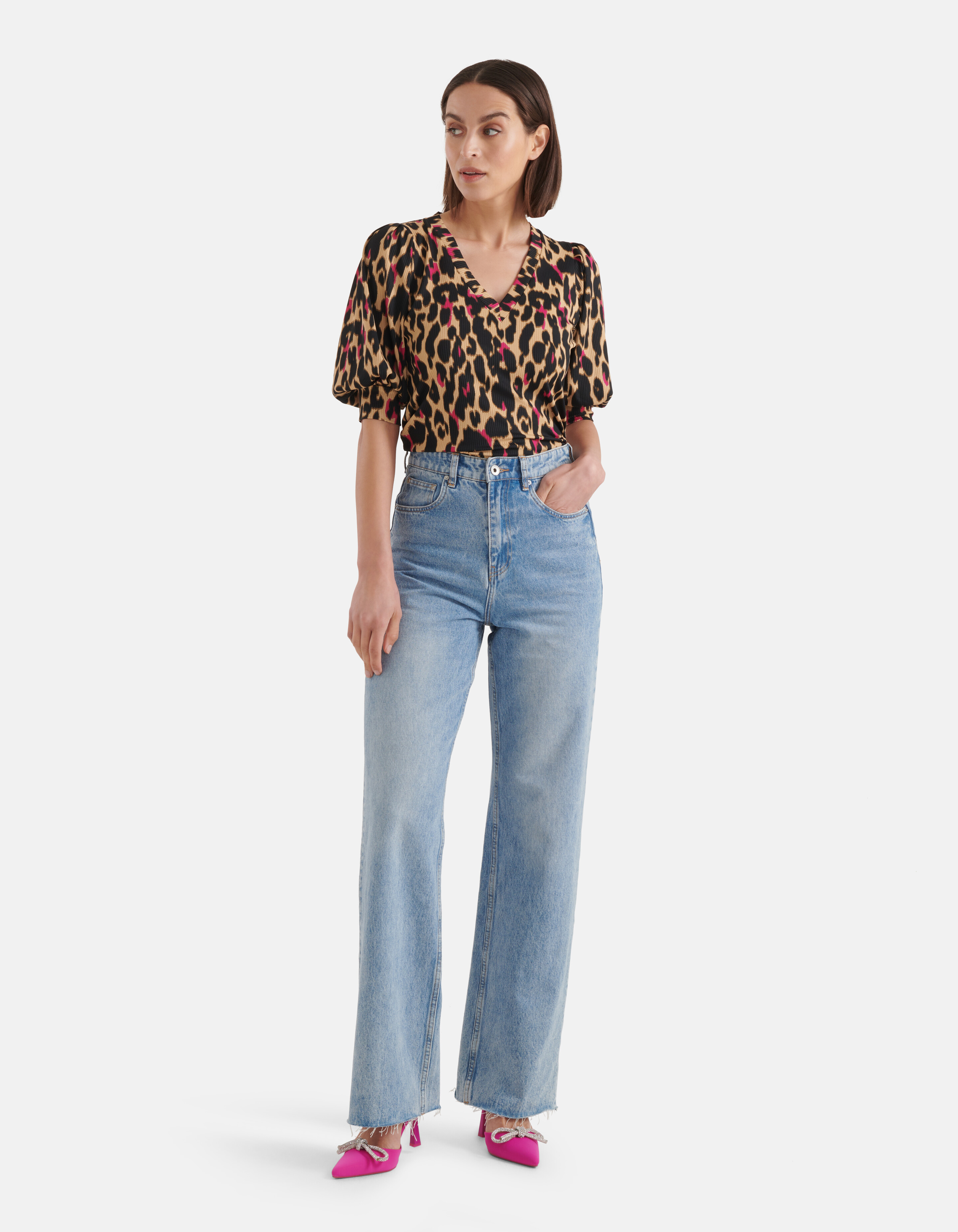 Leopard Rib V-hals Top Bruin SHOEBY WOMEN