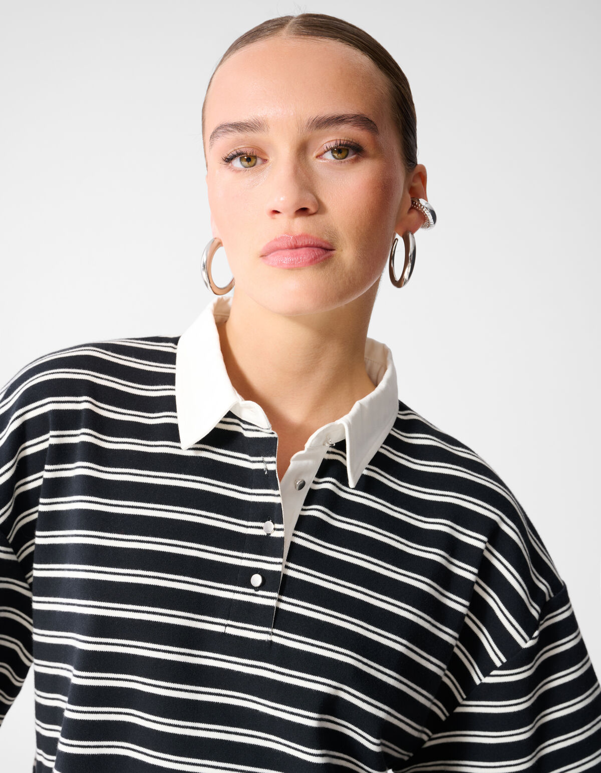 Oversized Stripe Short Sleeve Polo Zwart SHOEBY WOMEN