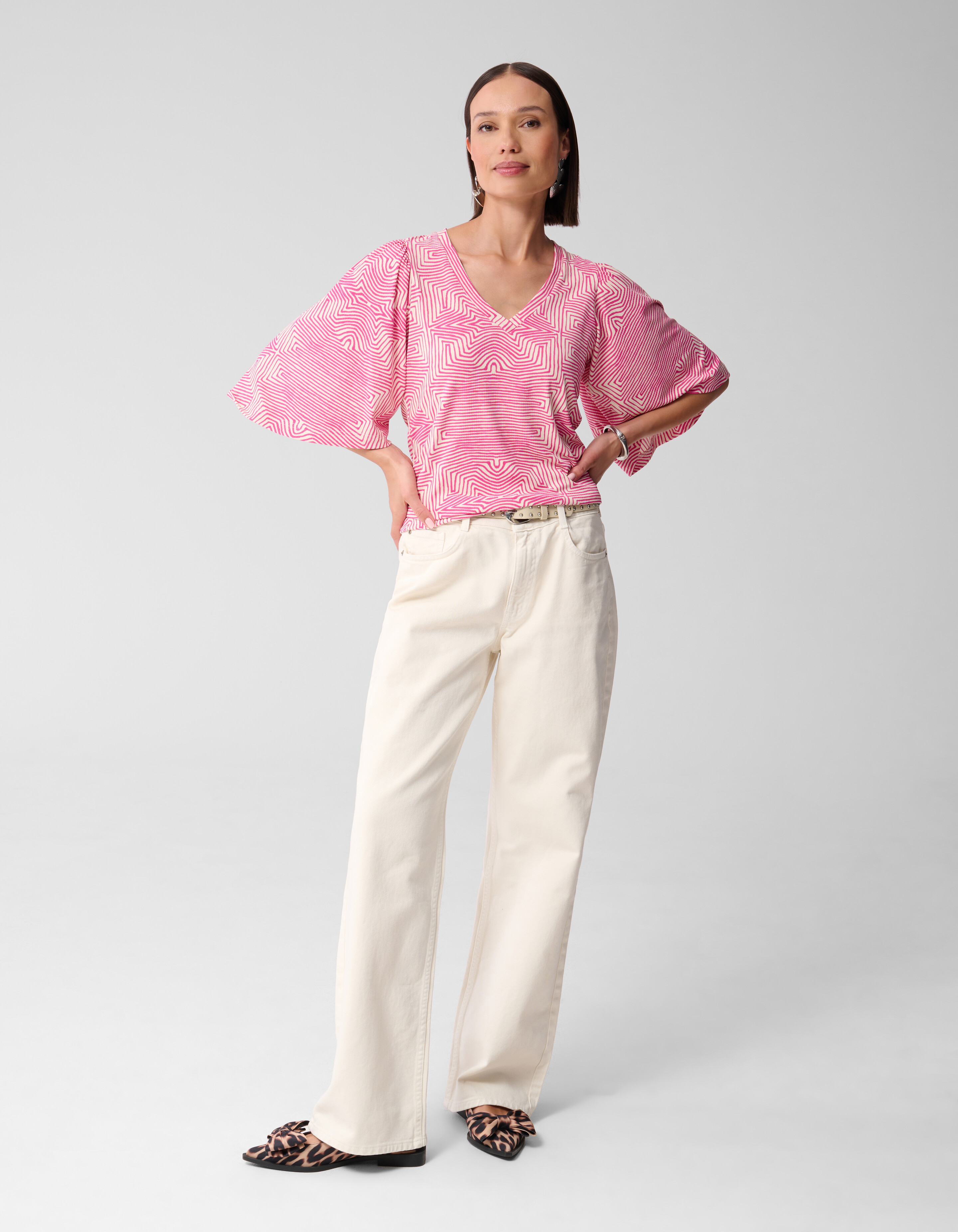 Printed Ruffle Rib Top Roze SHOEBY WOMEN