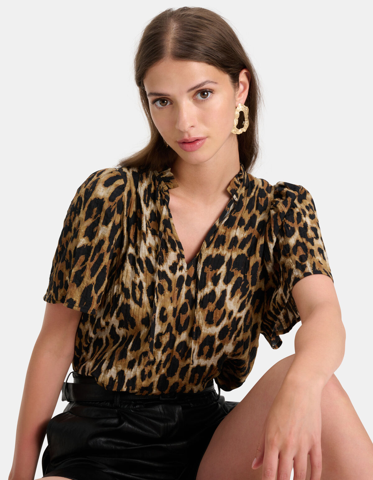 Leopard V-Hals Top Bruin SHOEBY WOMEN