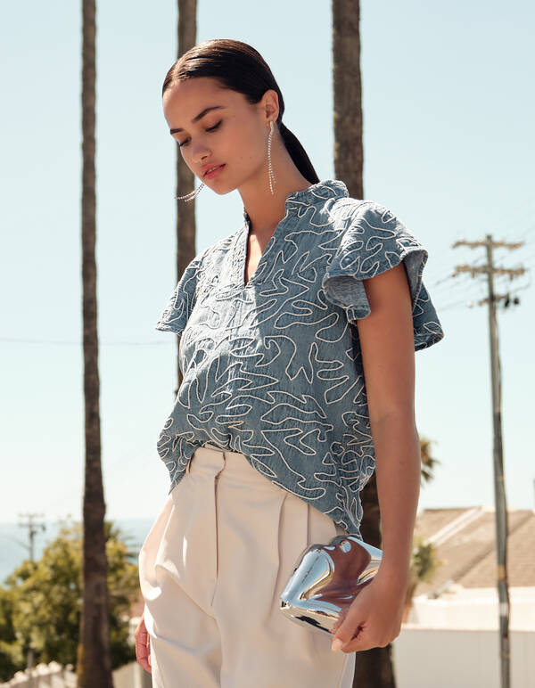 Denim Ruffle Cord Top Blauw SHOEBY WOMEN