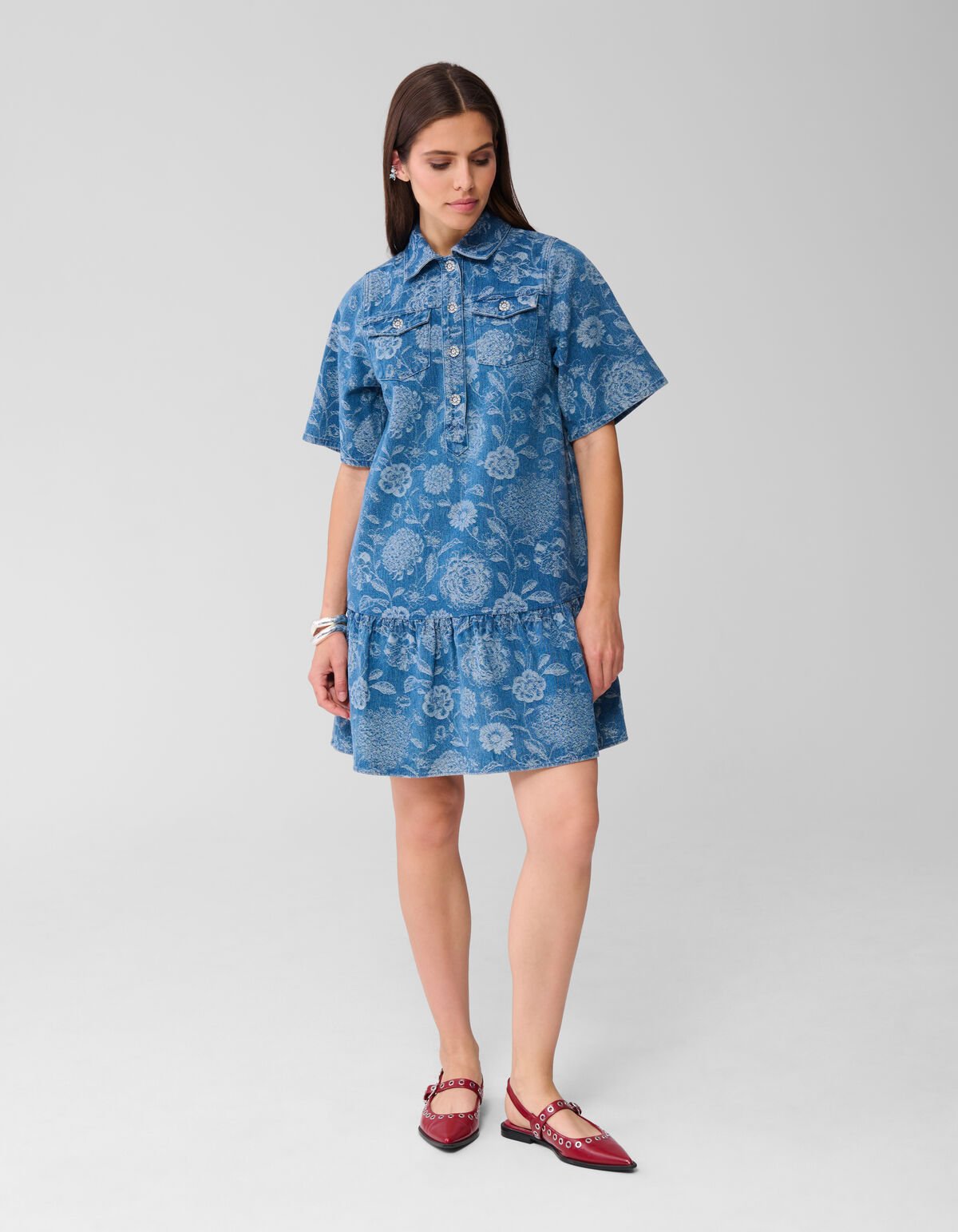 Denim Jacquard Midi Jurk Blauw SHOEBY WOMEN