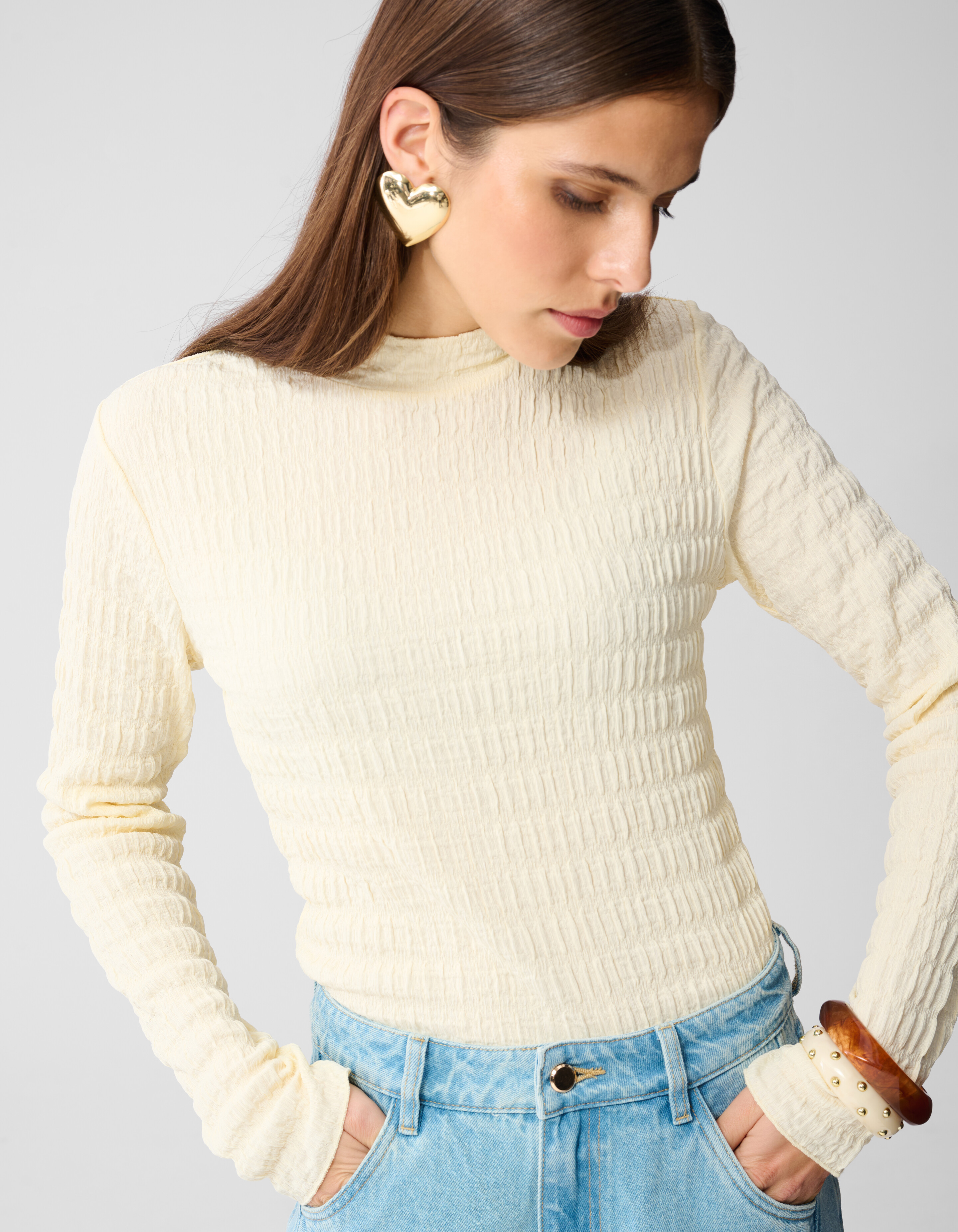 Structuur Longsleeve Top Gebroken Wit SHOEBY WOMEN