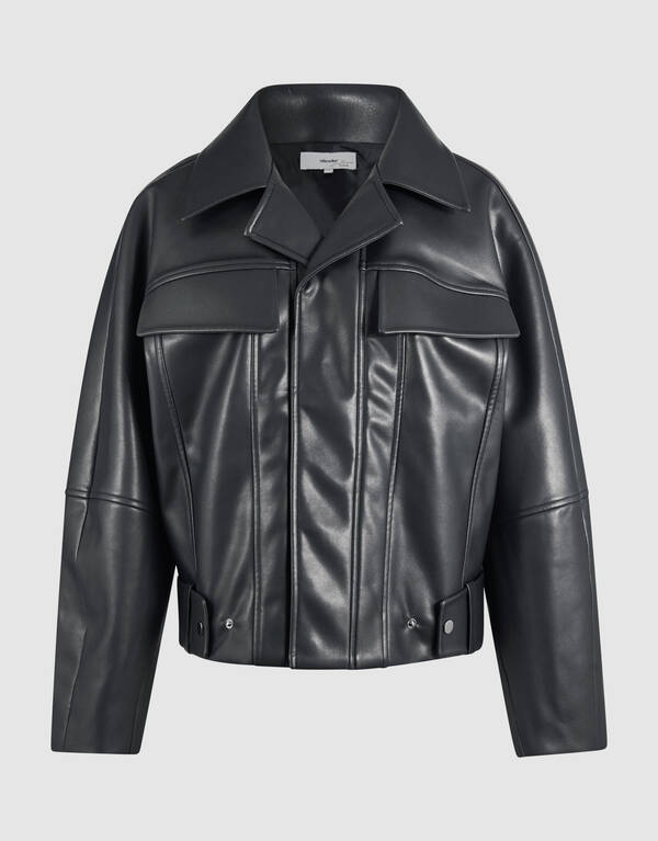 Oversized Vegan Leren Jack Zwart By Fred SHOEBY WOMEN