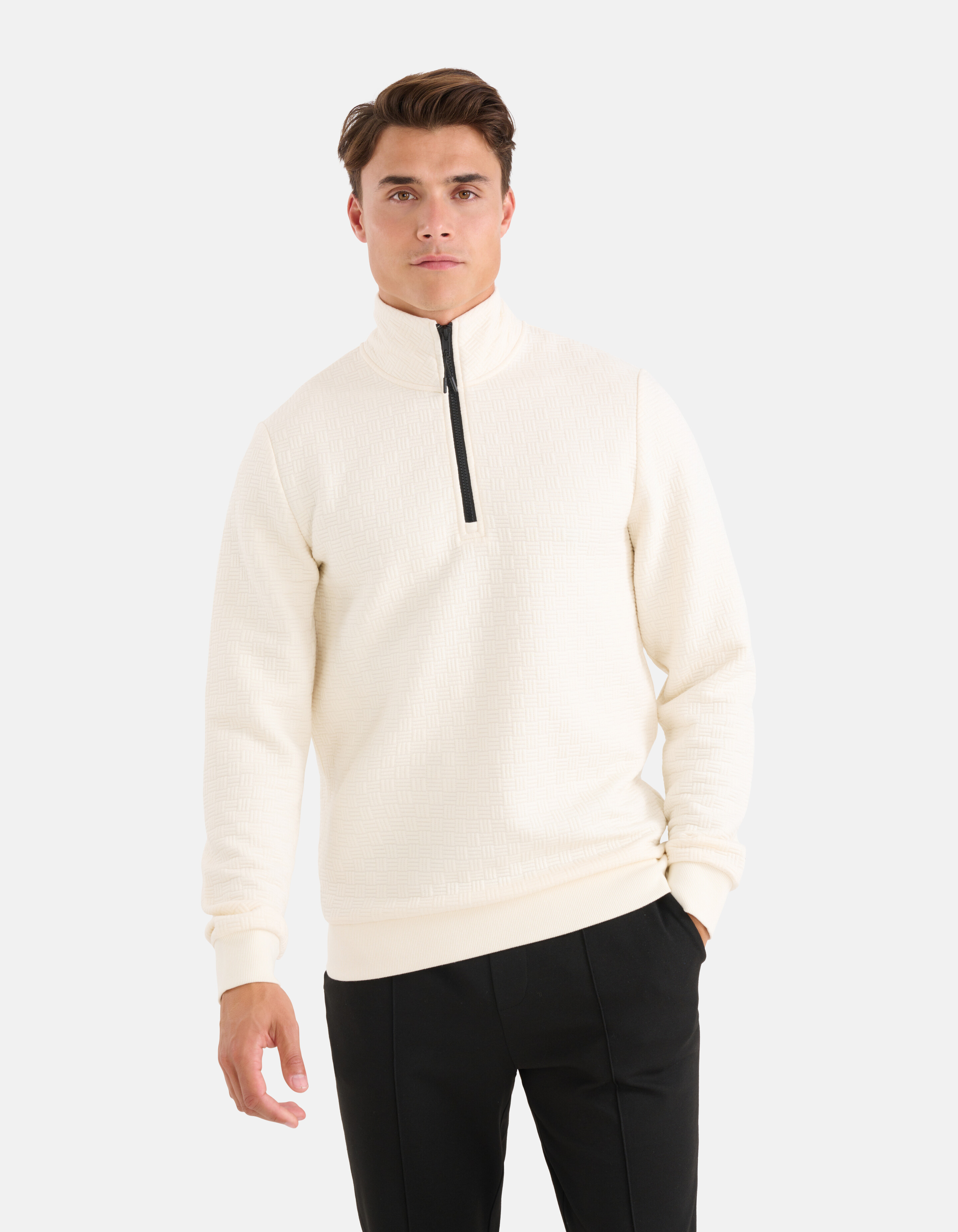 Half Zip Quilted Structuur Sweater Gebroken Wit SHOEBY MEN