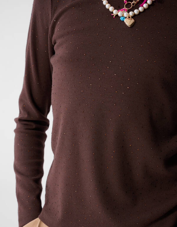 Strass Rib Longsleeve Top Donkerbruin SHOEBY GIRLS