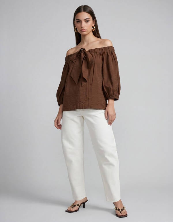Off Shoulder Strik Blouse Donkerbruin SHOEBY WOMEN
