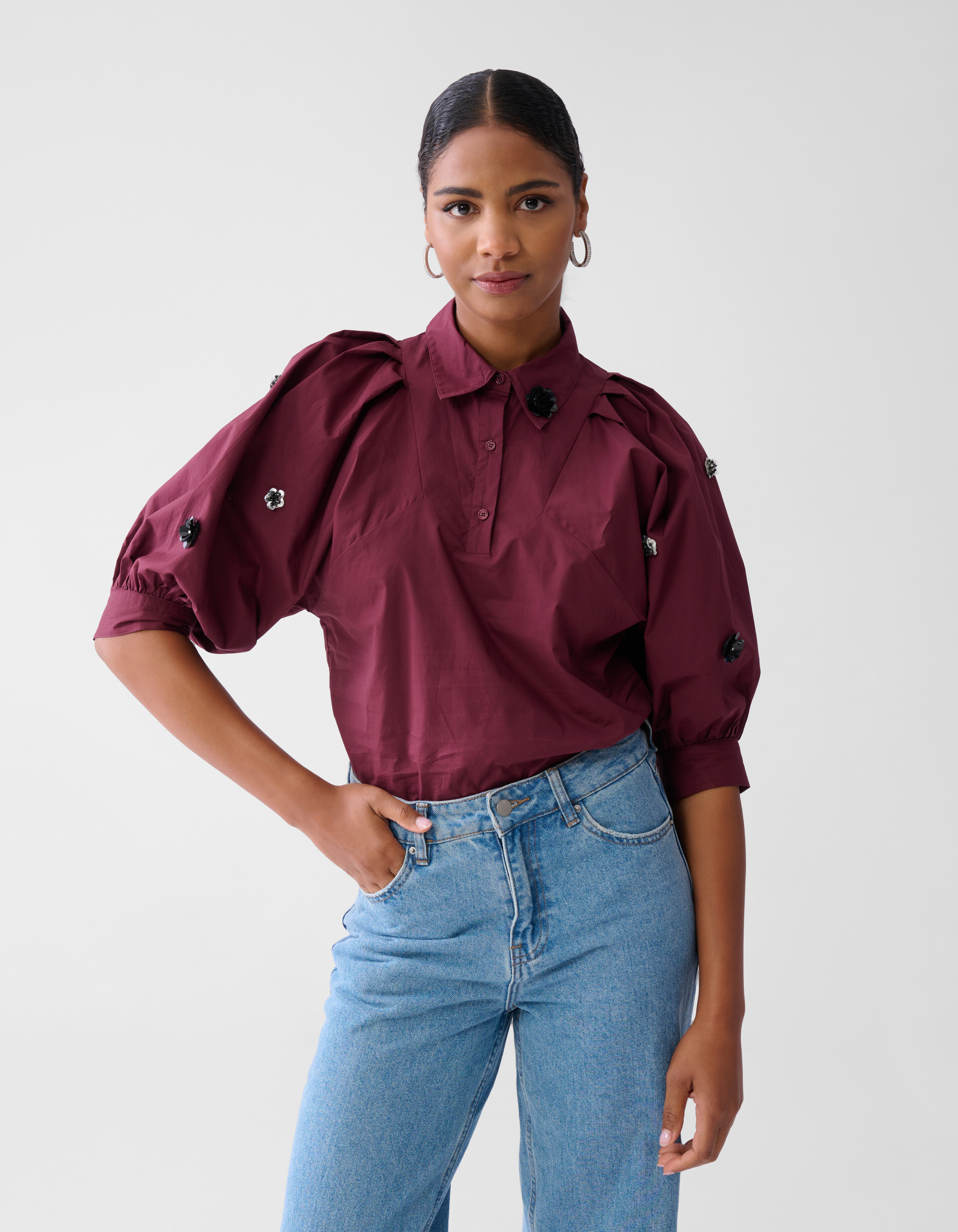 Flower Poplin Blouse Bordeaux SHOEBY WOMEN