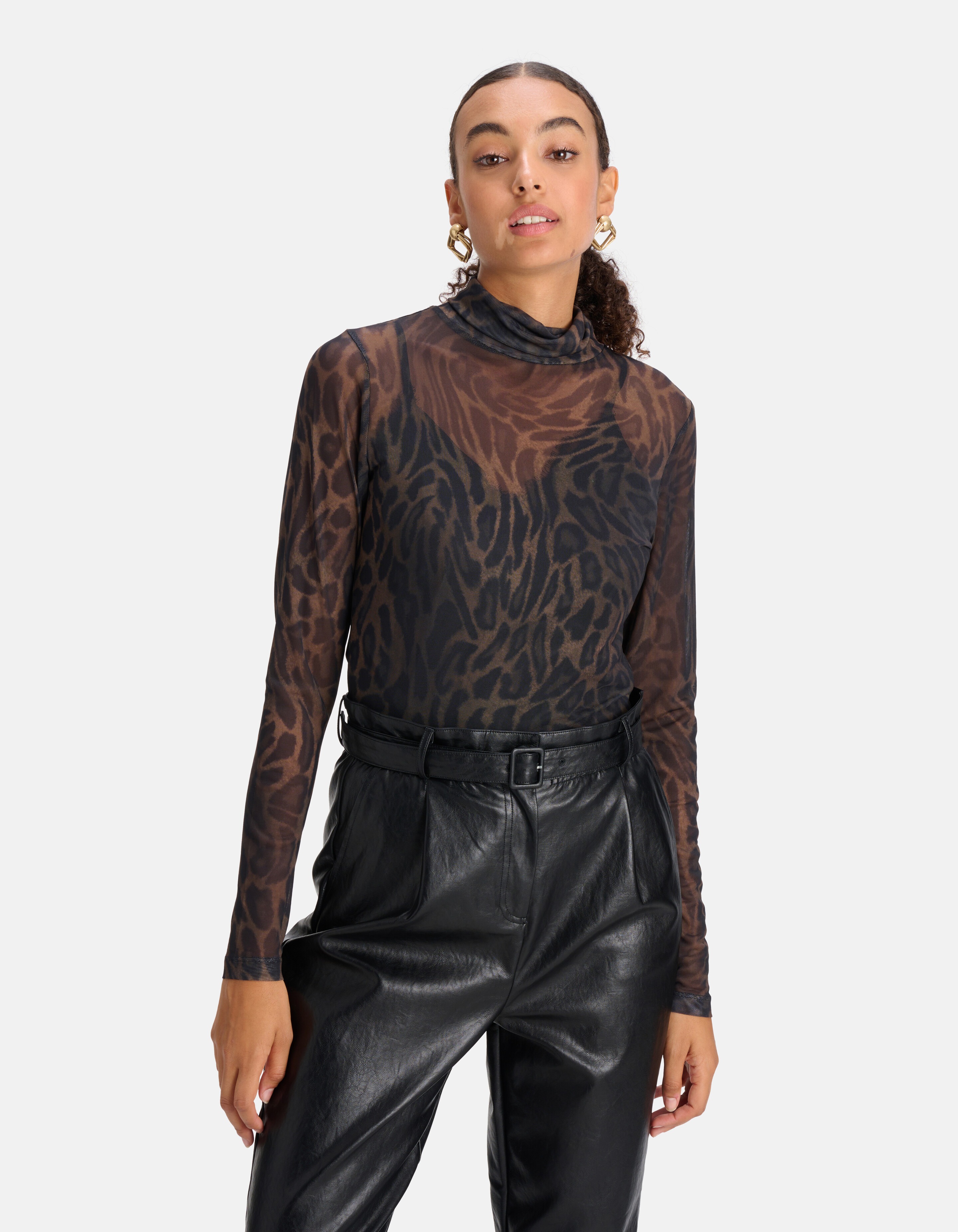 Leopard Print Mesh Top Donkergroen SHOEBY WOMEN