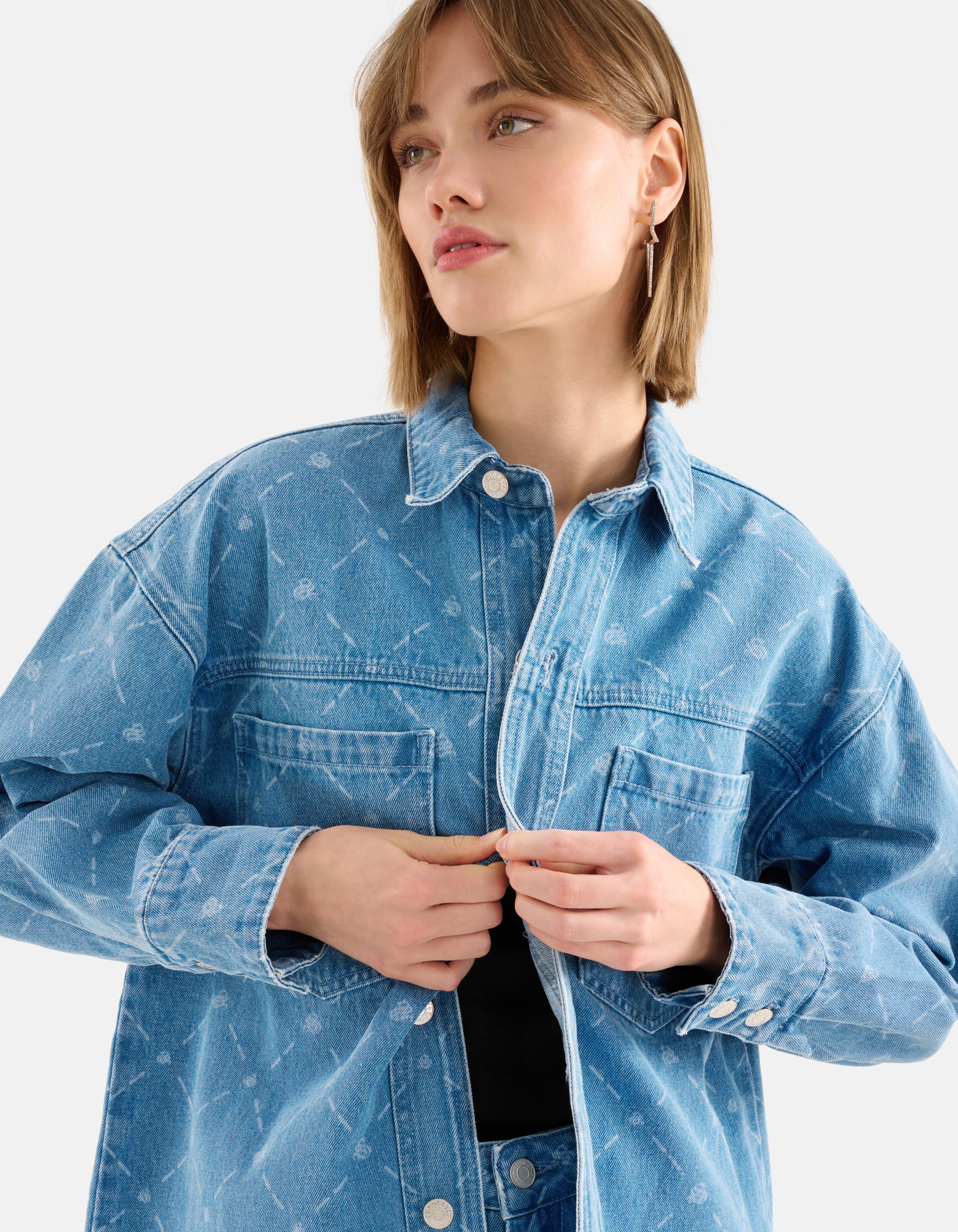 Printed Denim Blouse Blauw SHOEBY WOMEN