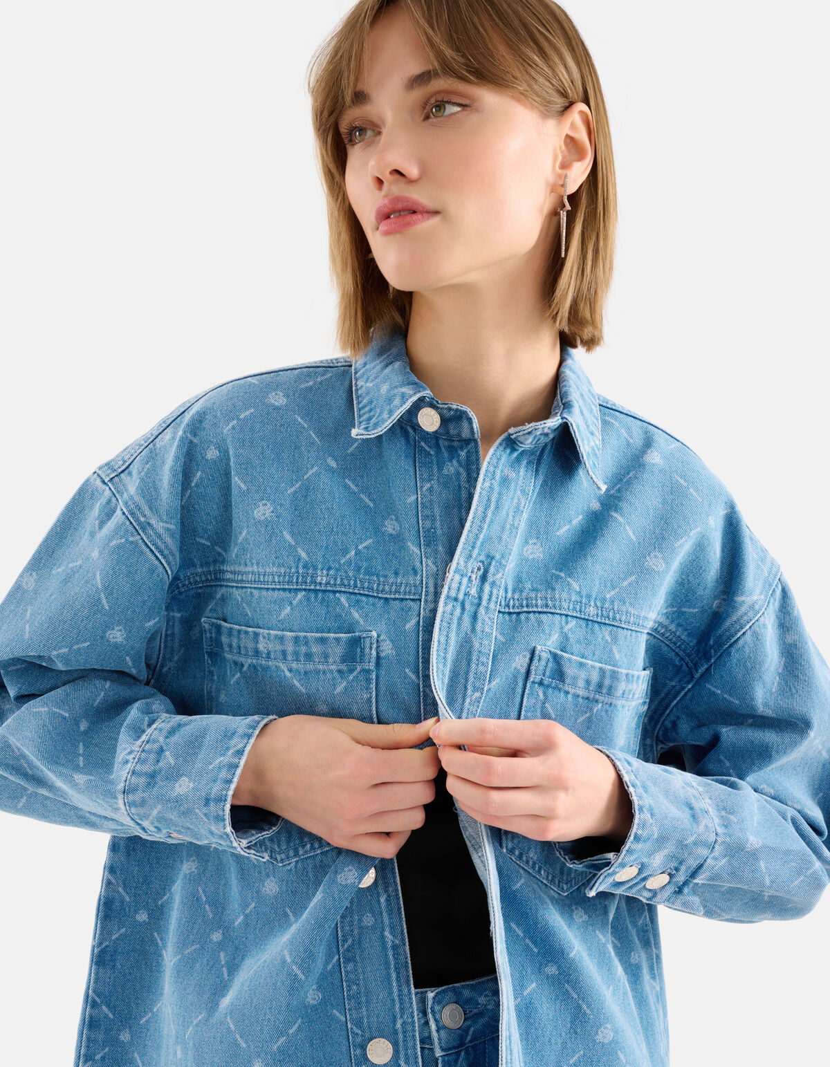 Printed Denim Blouse Blauw SHOEBY WOMEN