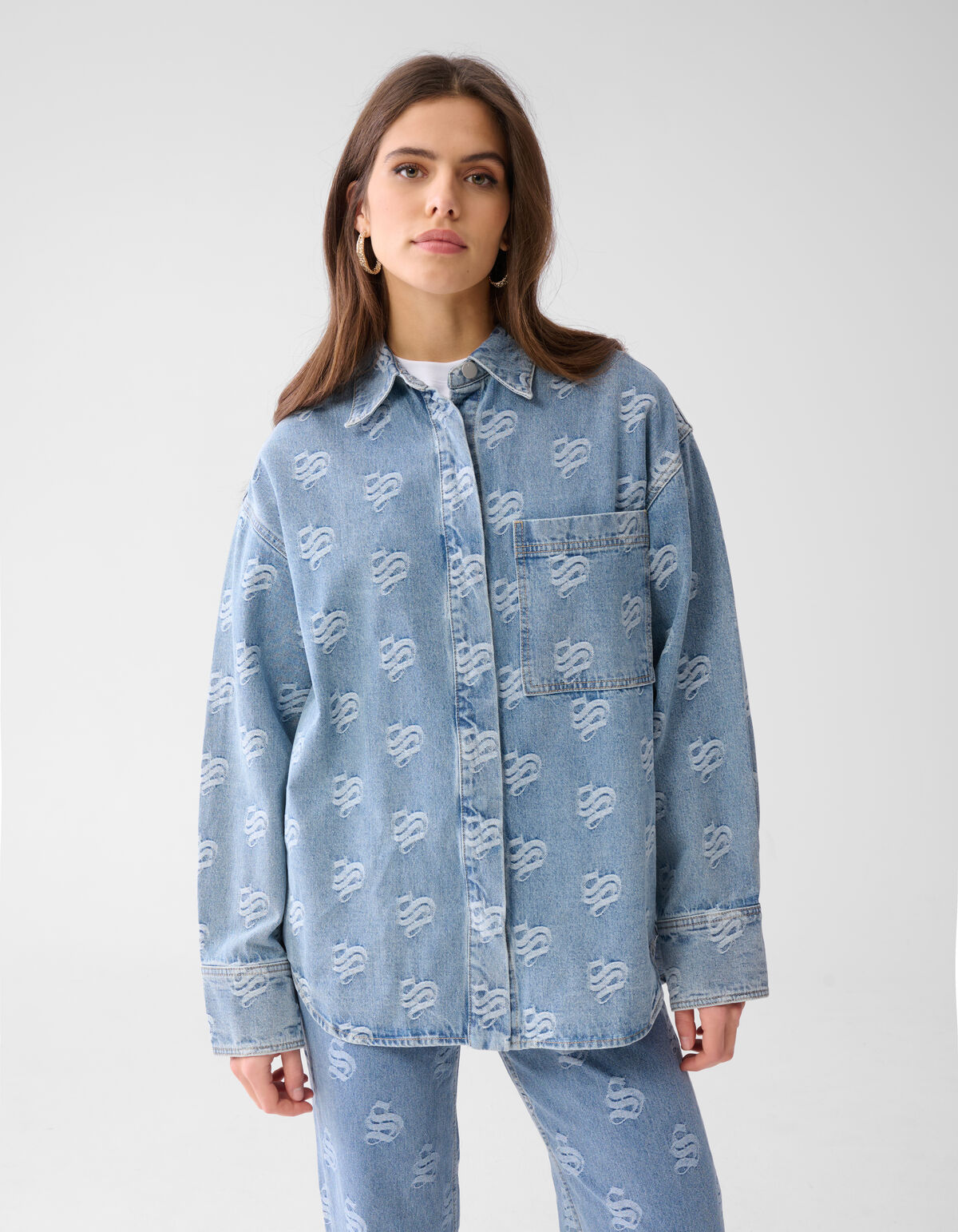 Jacquard Logo Denim Blouse Mediumstone SHOEBY WOMEN