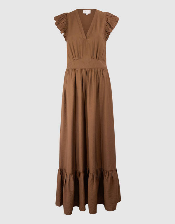 Ruffle V-hals Maxi Jurk Donkerbruin SHOEBY WOMEN