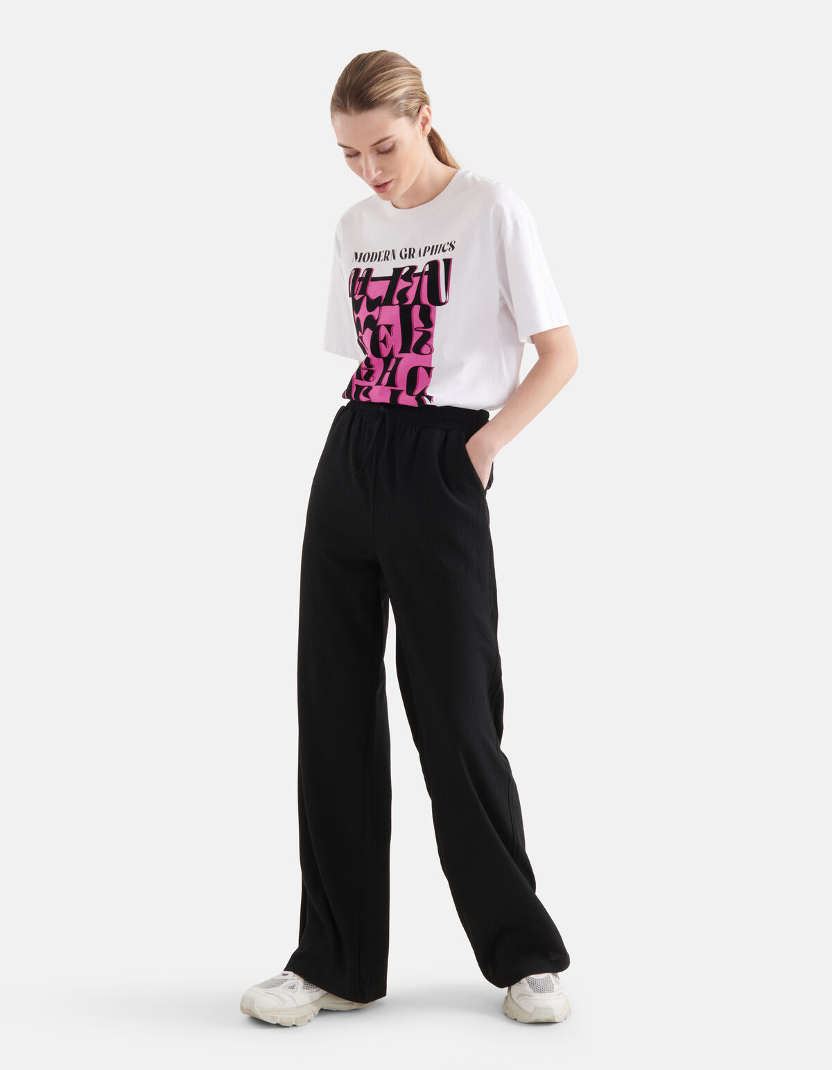 Crinkle Wide Leg Broek Zwart SHOEBY WOMEN