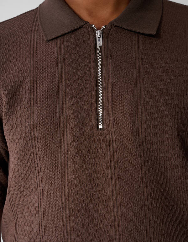 Stripe Structuur Zip Polo Donkerbruin SHOEBY MEN