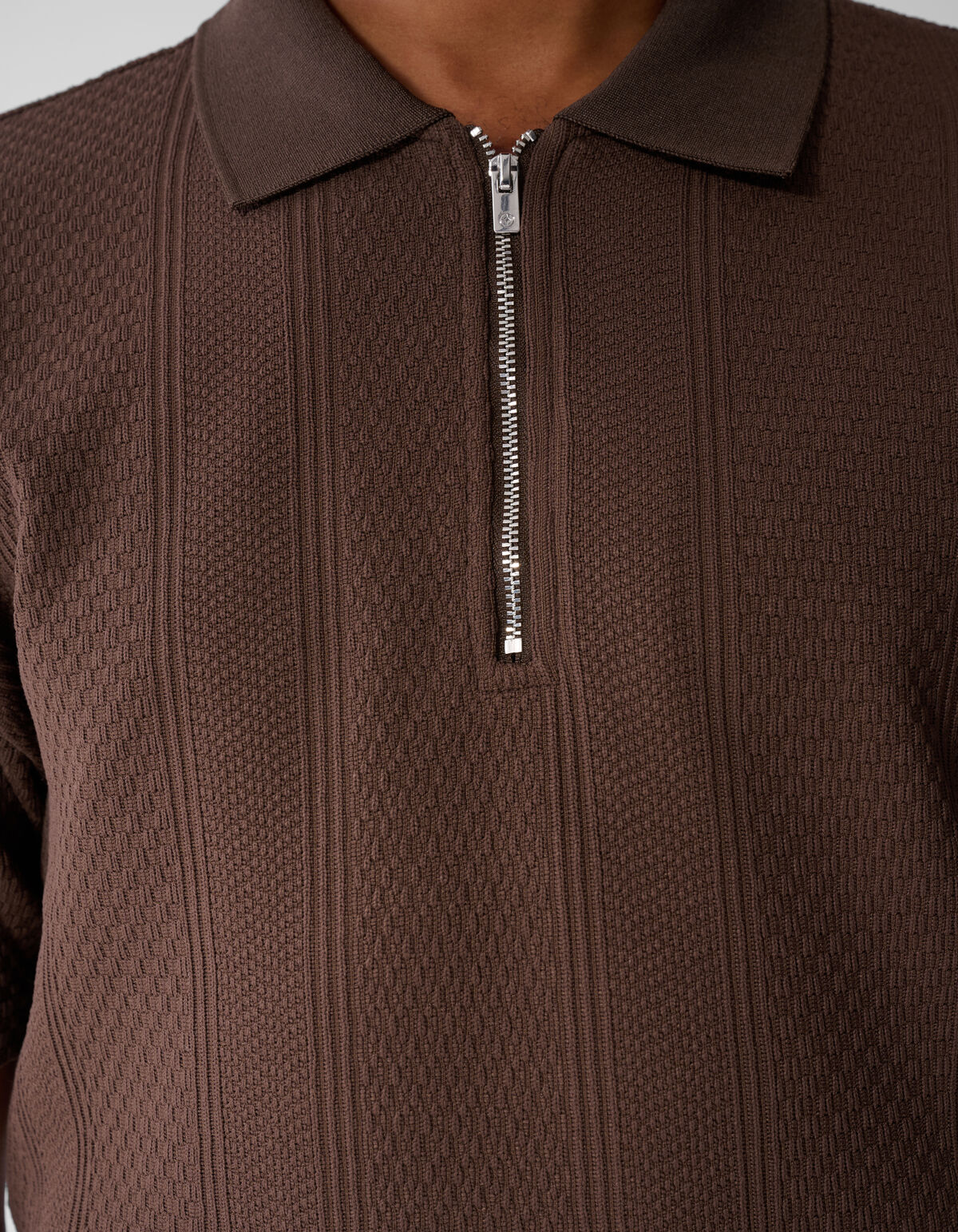 Stripe Structuur Zip Polo Donkerbruin SHOEBY MEN