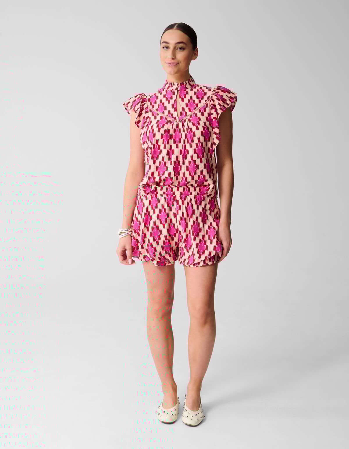 Printed Ruffle Top Roze SHOEBY WOMEN