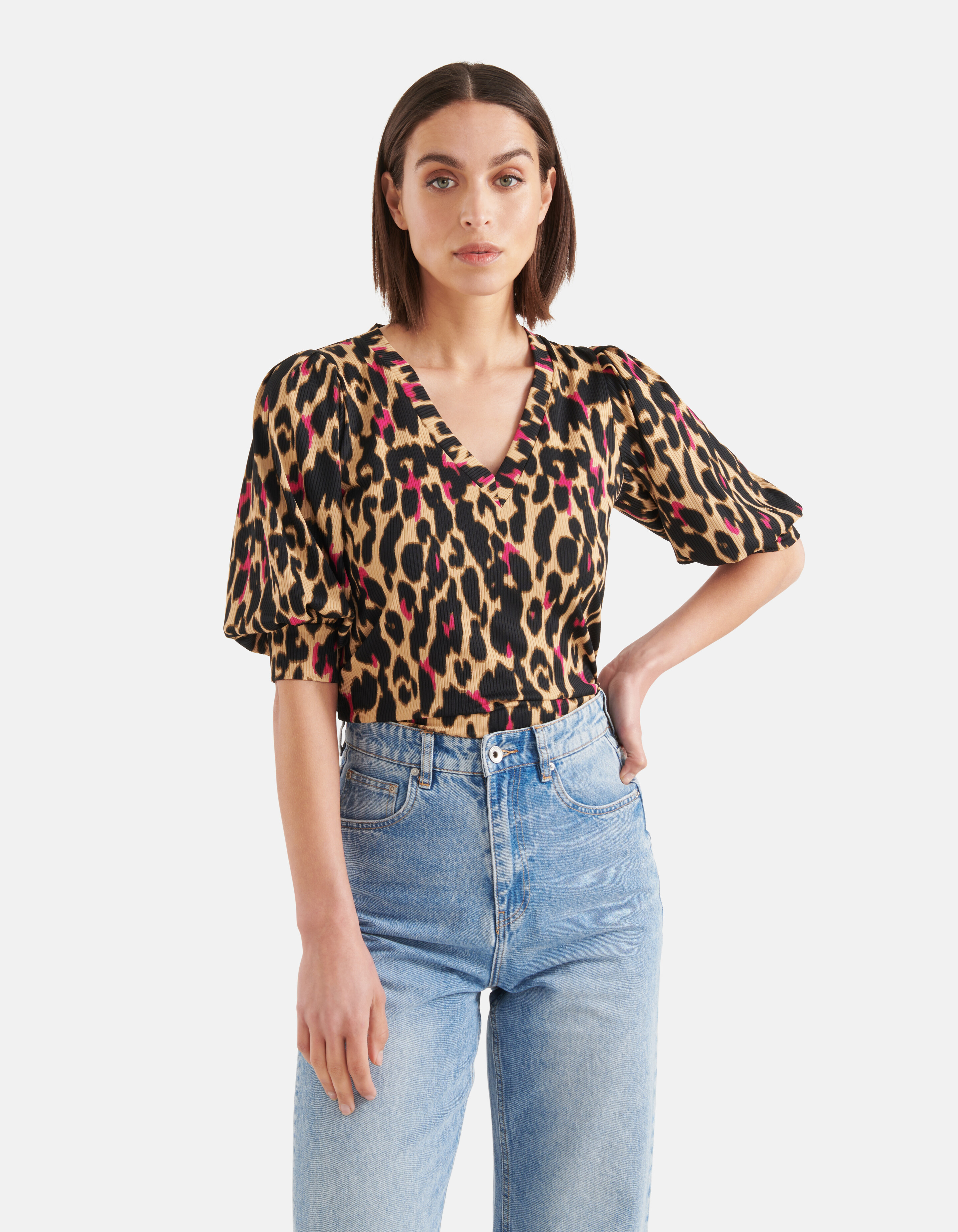 Leopard Rib V-hals Top Bruin SHOEBY WOMEN