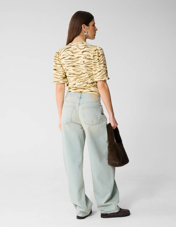 Crinkle Tijger V-Hals Top Lichtgeel SHOEBY WOMEN