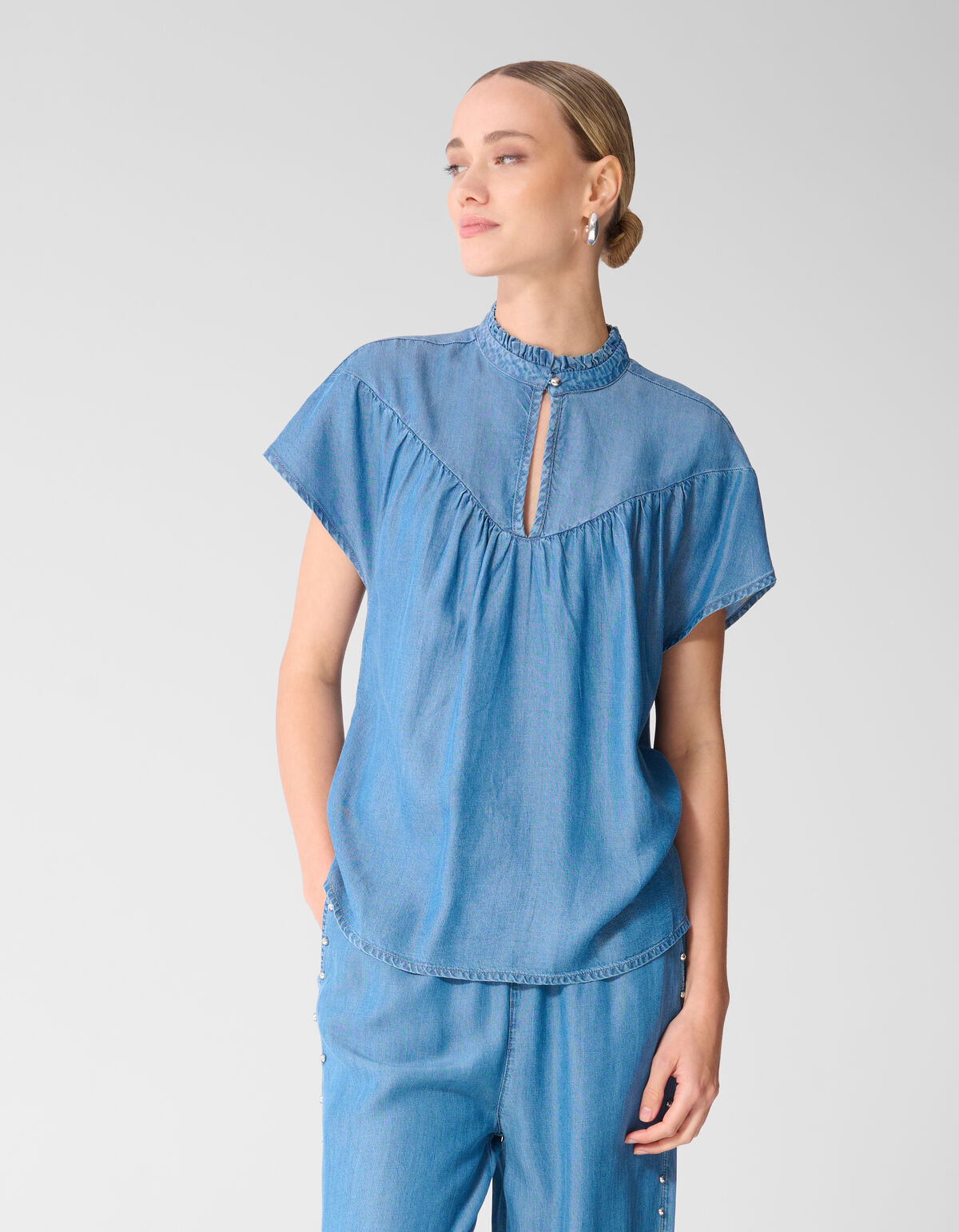 Stud Denim Ruffle Top Blauw SHOEBY WOMEN