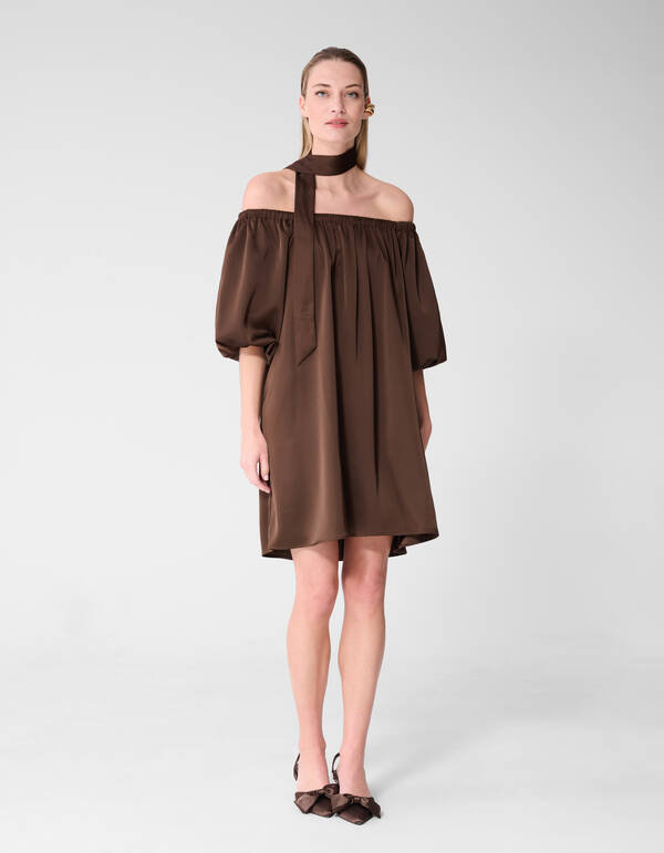 Satijnen Off Shoulder Mini Jurk Bruin By Fred SHOEBY WOMEN