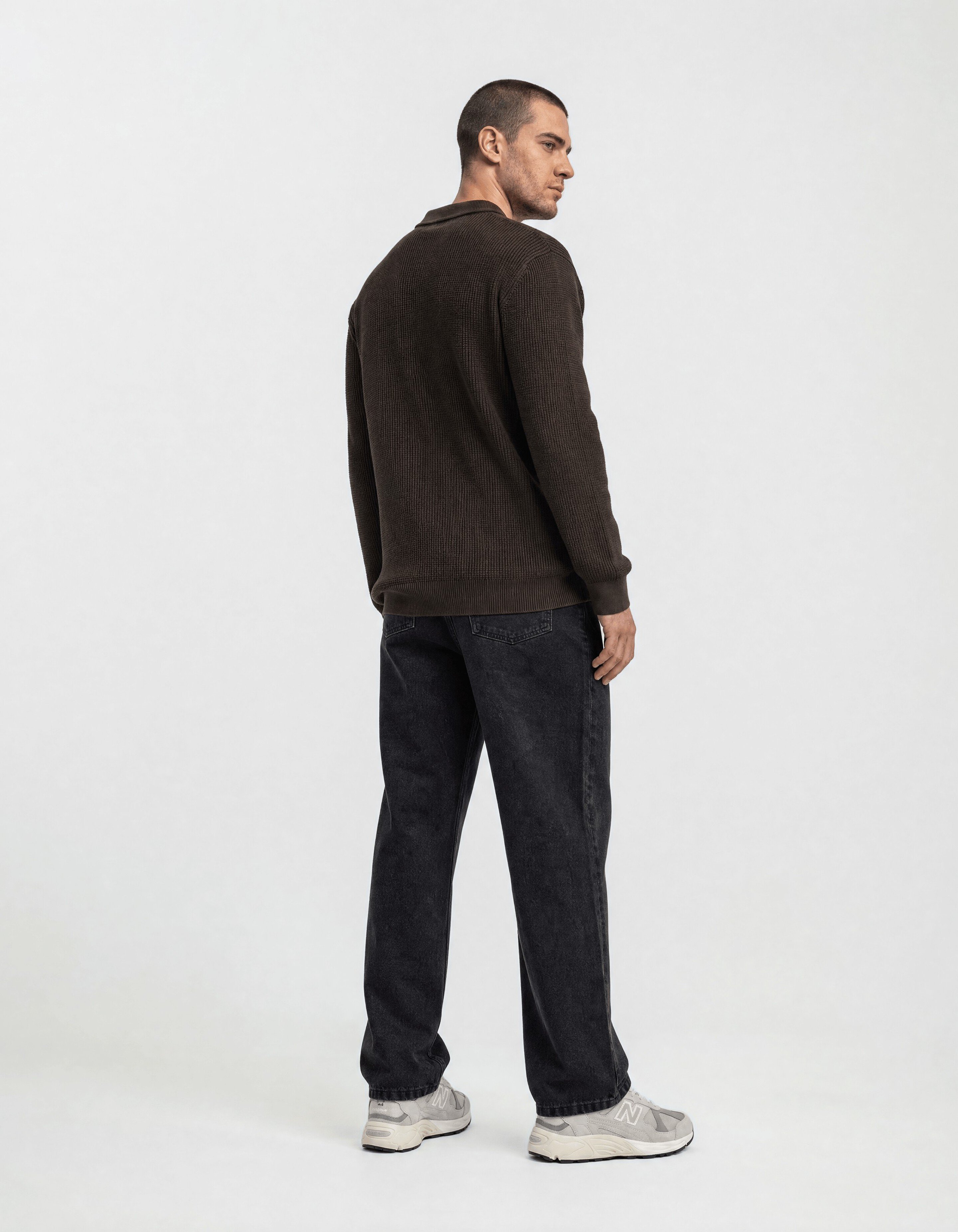 Gebreide Longsleeve Polo Trui Donkerbruin SHOEBY MEN