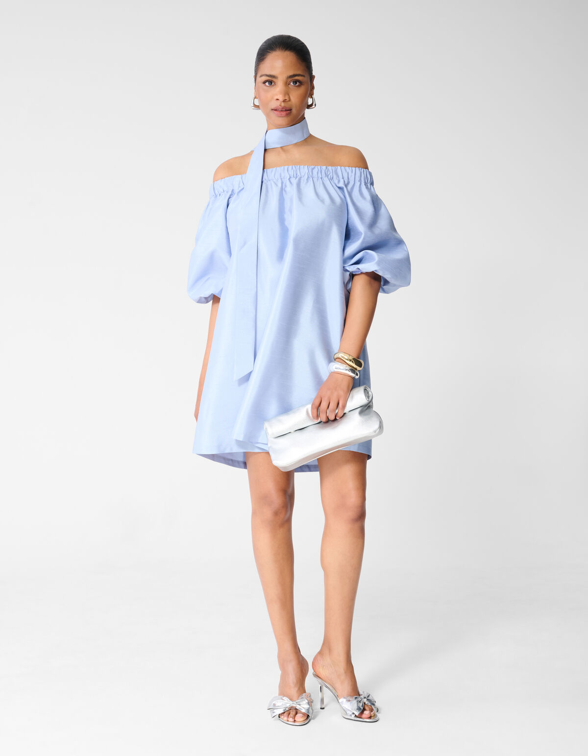 Shiny Off Shoulder Mini Jurk Lichtblauw SHOEBY WOMEN