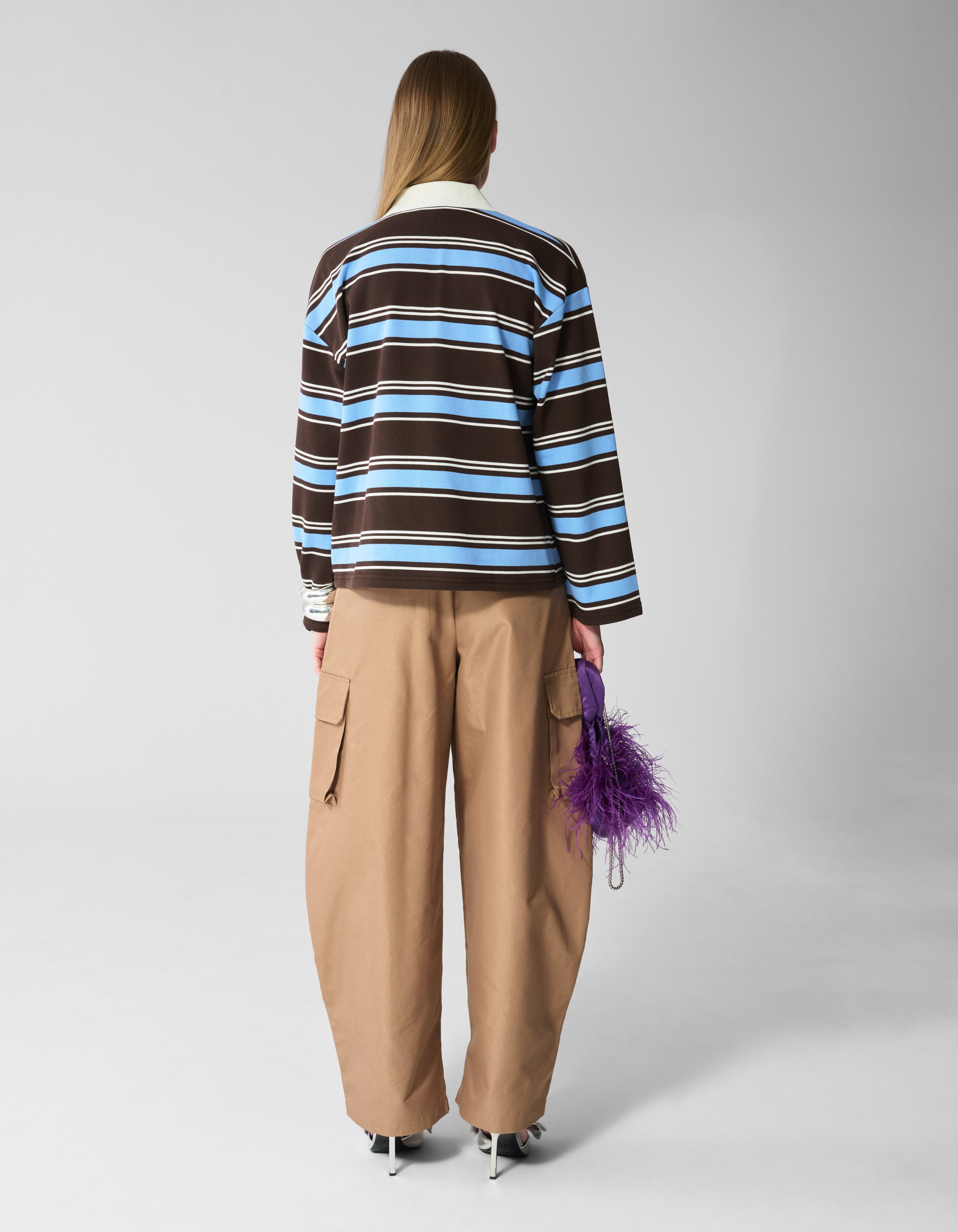 Gestreepte Polo Longsleeve Donkerbruin/Blauw SHOEBY WOMEN