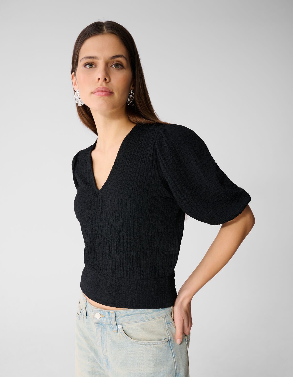 Crinkle V-Hals Top Zwart SHOEBY WOMEN