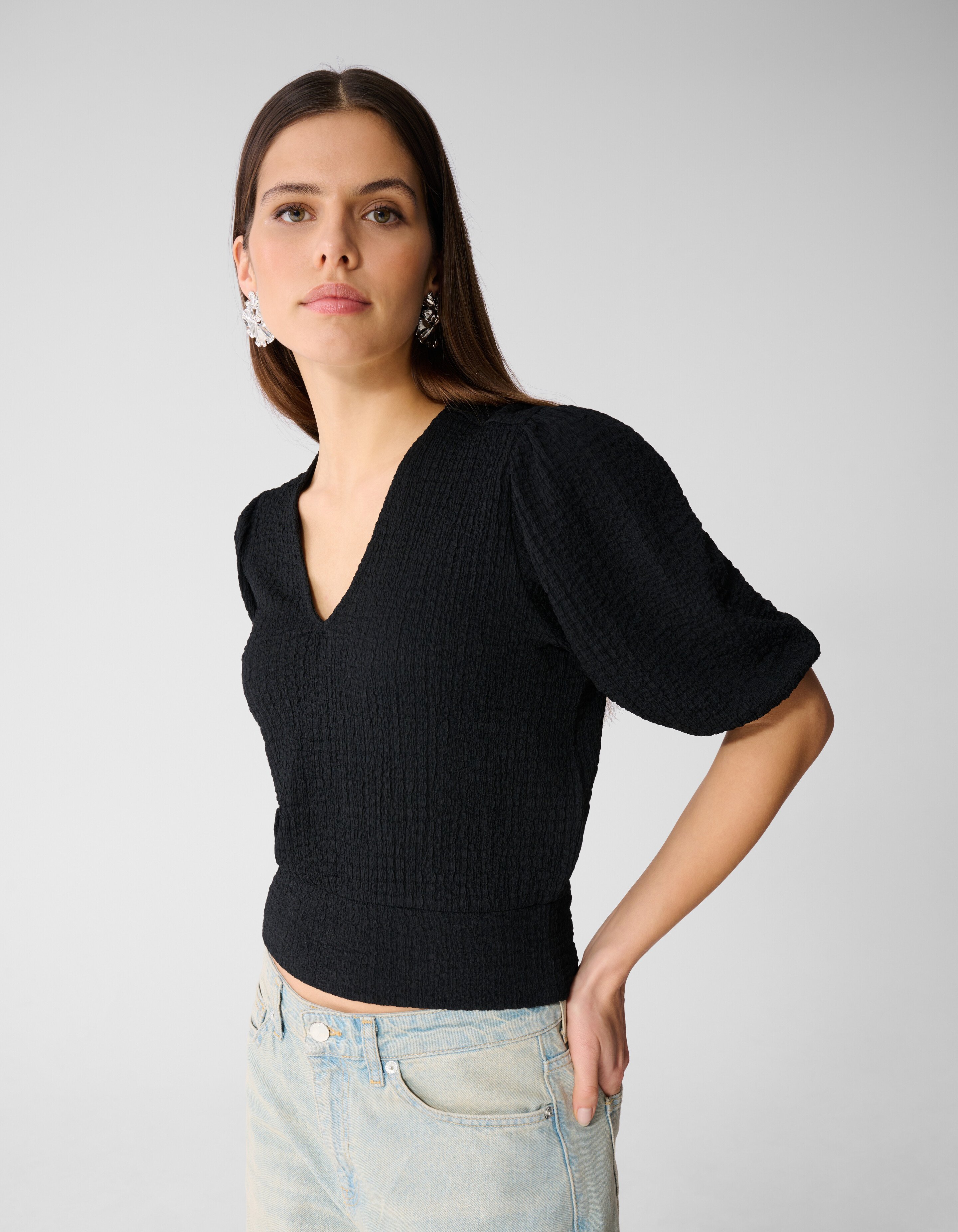 Crinkle V-Hals Top Zwart SHOEBY WOMEN